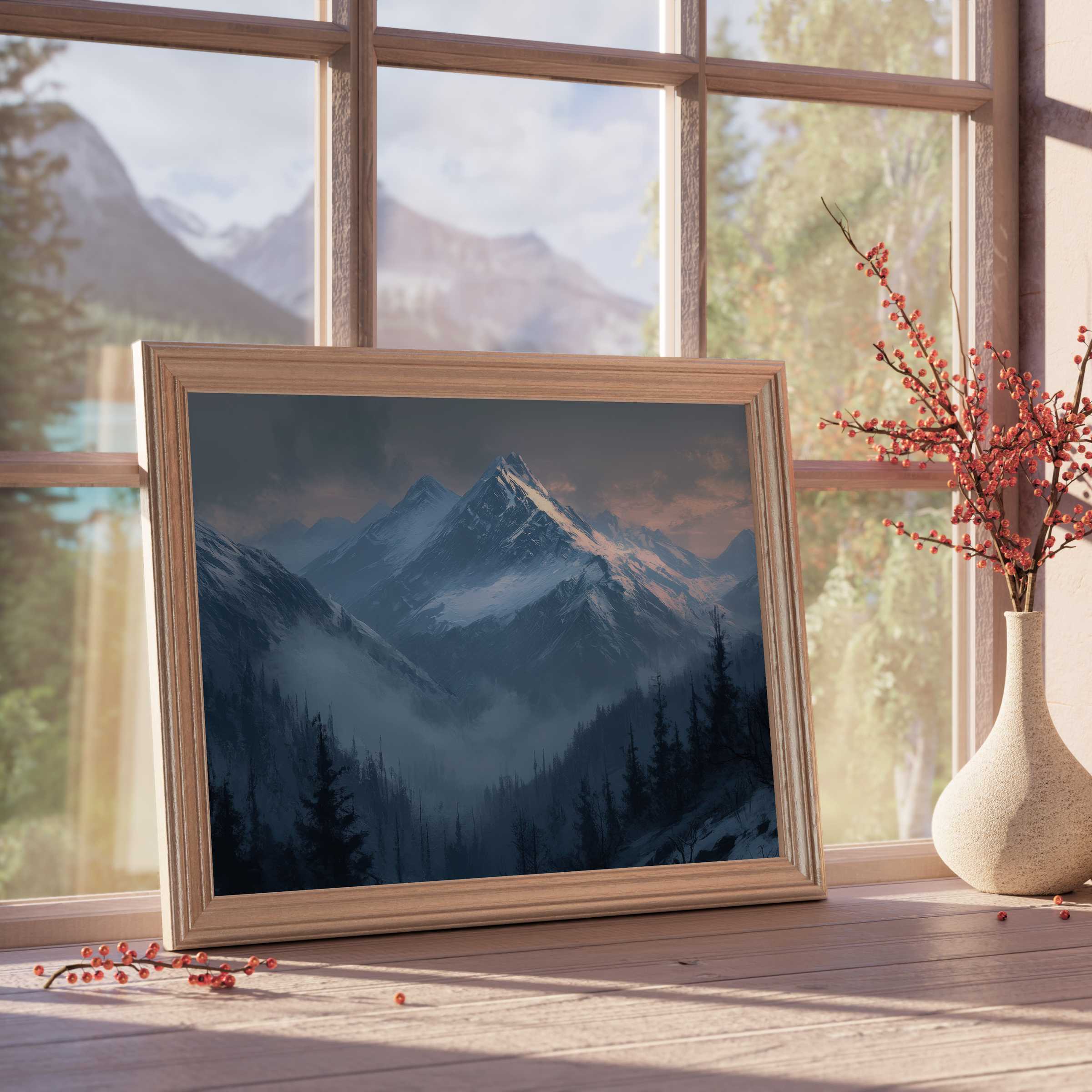 Majestic landscape downloadable art captures serene twilight mountains cloaked in mist, enriching elegant, tranquil interiors with timeless allure