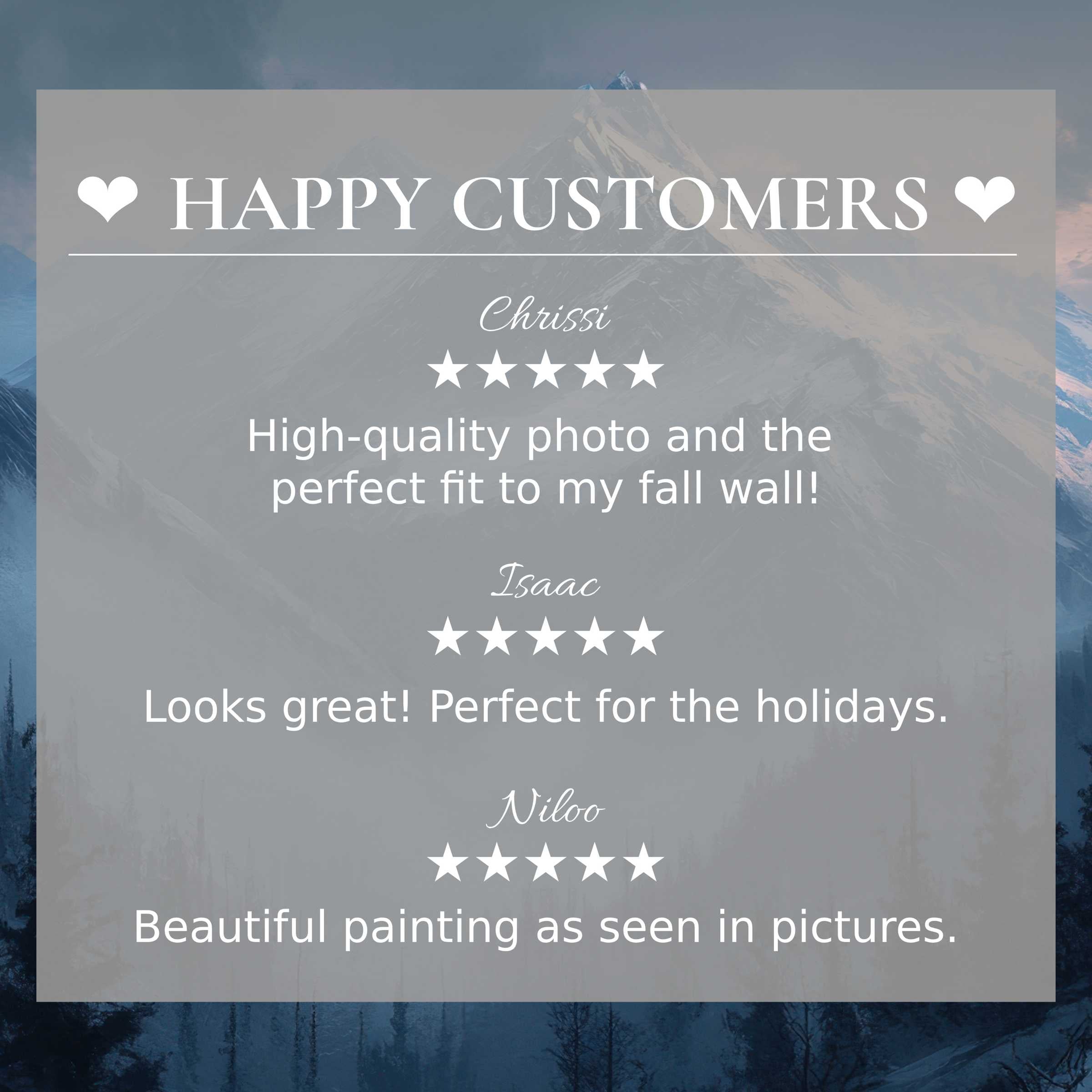 Elegant mountain landscape art for Frame TV with happy customer reviews building trust and style appeal
