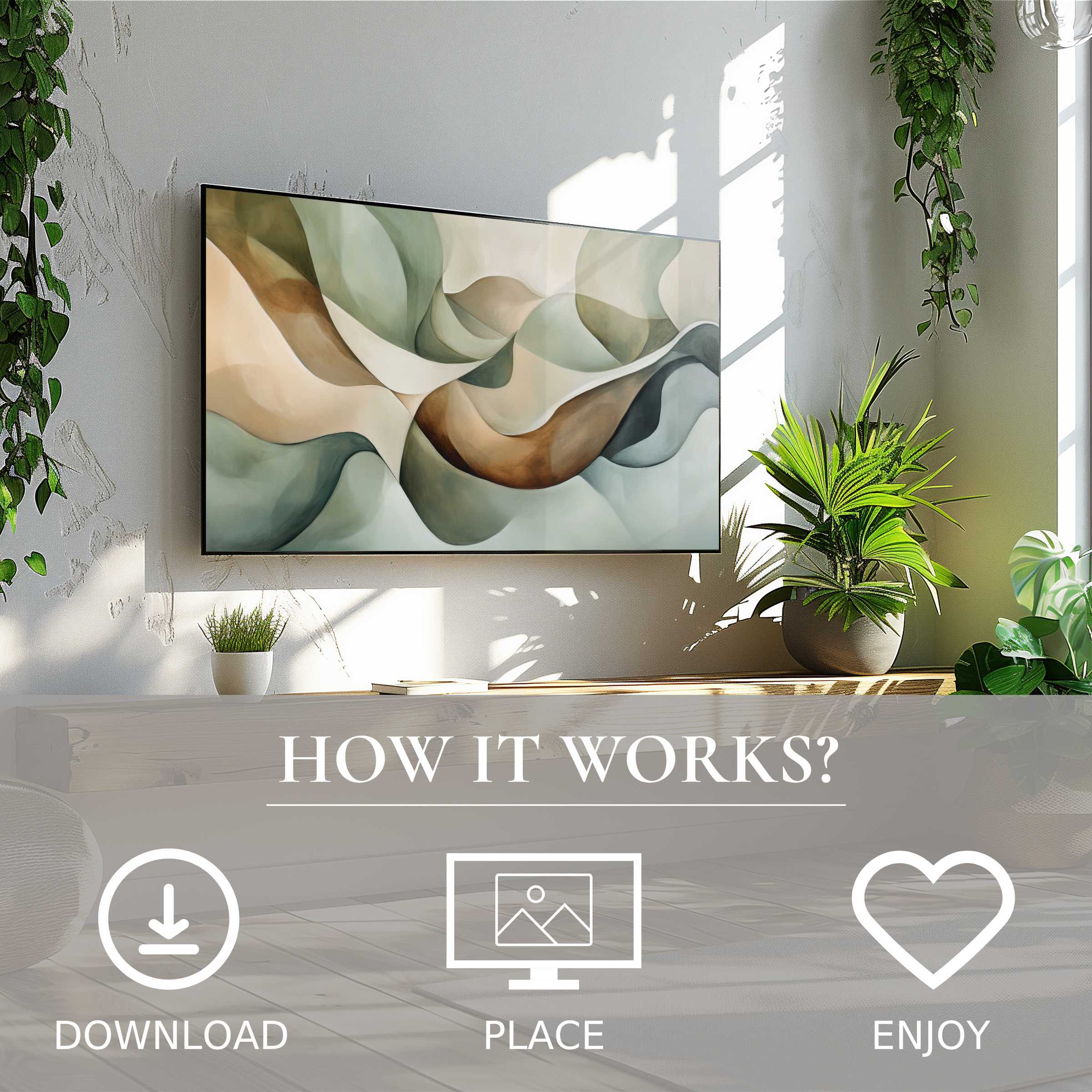 Modern art for Samsung TV: abstract color flow in soft greens and browns, easy digital download enriches your stylish living space