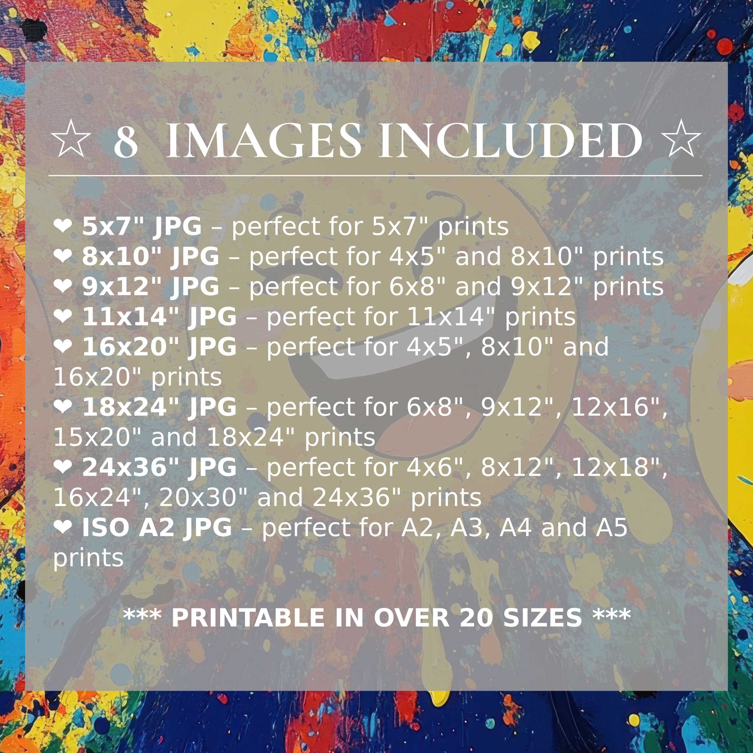 Vibrant pop art digital print in radiant reds, blues, and yellows, elevating modern interiors with style; includes 8 high-quality sizes