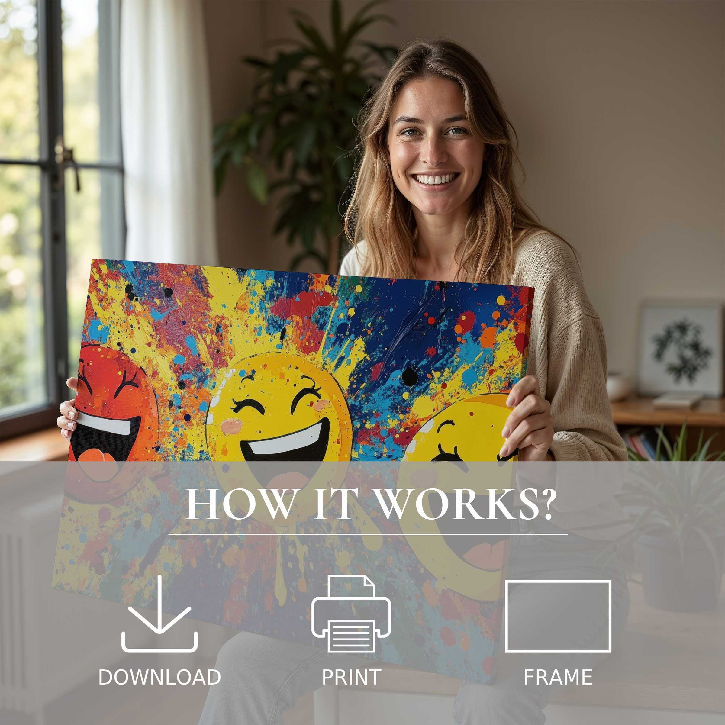 A joyful woman in a sunlit modern home reveals a vibrant pop art digital art print, embodying warmth and effortless style