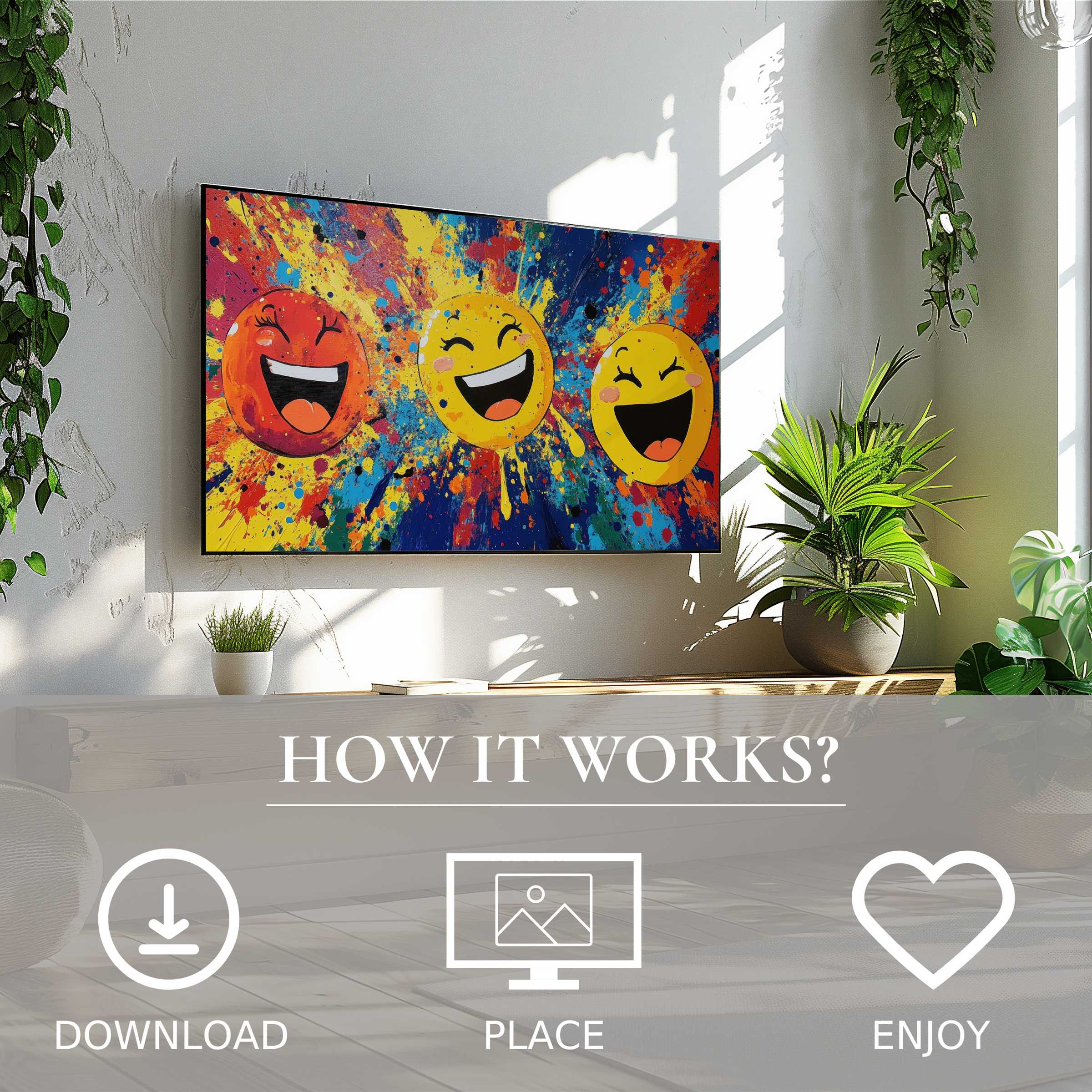 Pop art art for Samsung TV with vibrant emoji splashes brightening modern spaces; easy digital download enriches rooms