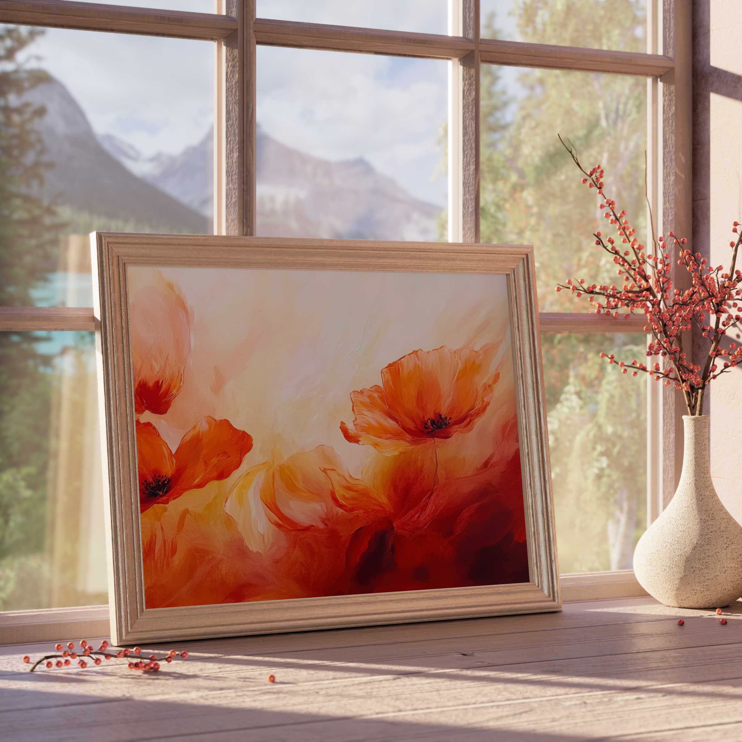 Warm and vibrant floral downloadable art showcasing fiery poppies, perfect for elevating serene, design-forward living spaces