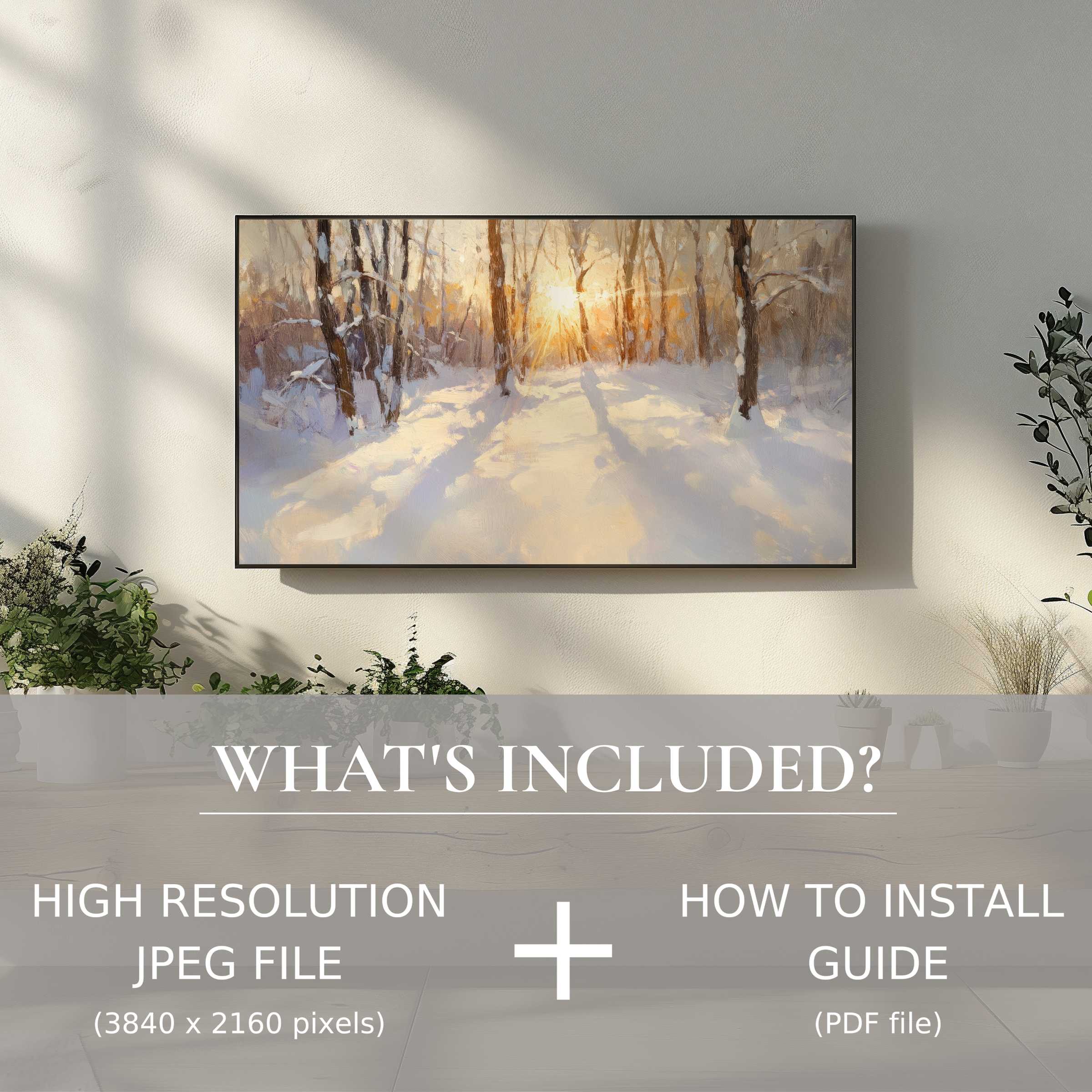 Elegant winter digital TV art download enhances your modern living room with easy digital use and serene snowy forest views