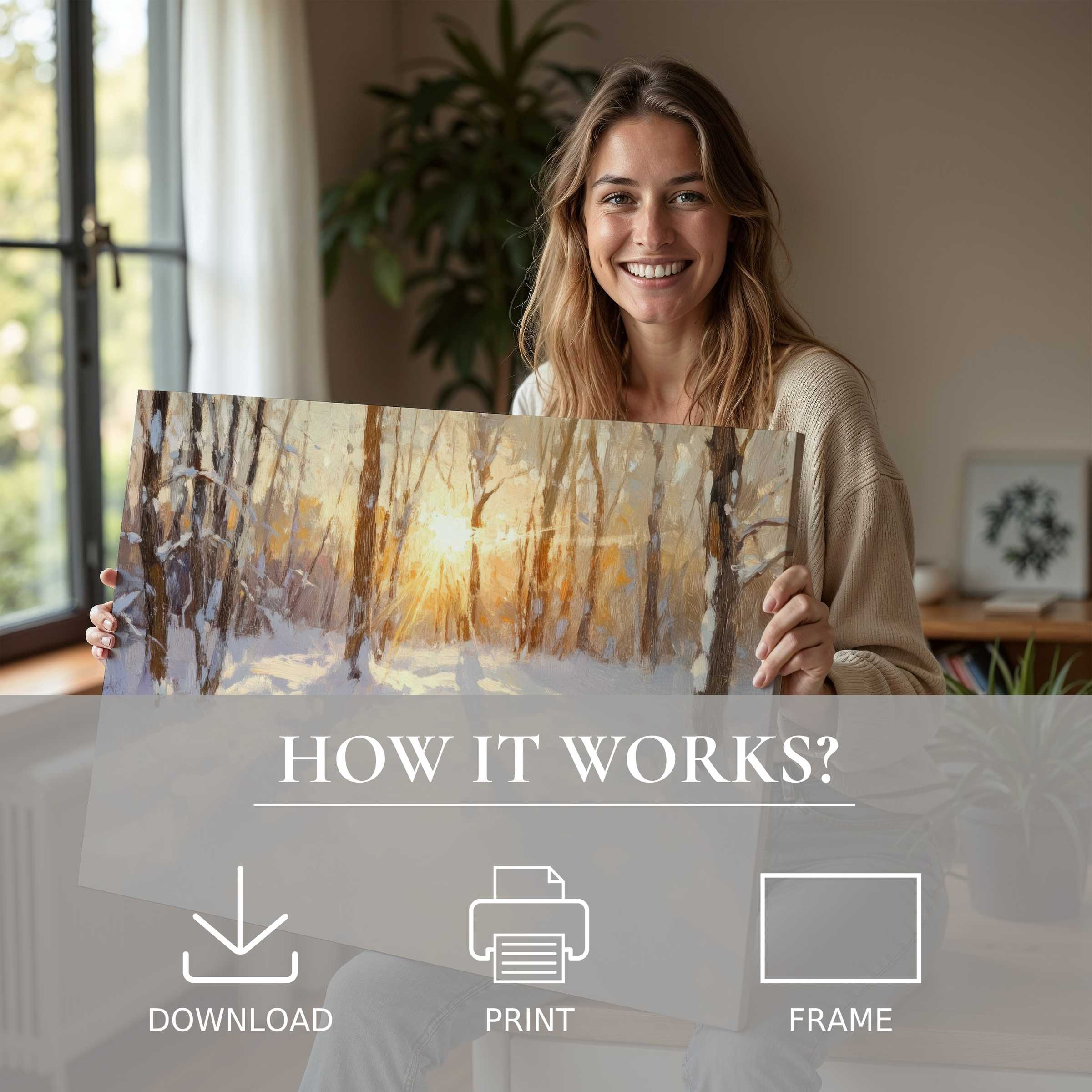 A radiant winter digital art print transforms a modern home with warm, serene light-celebrating the effortless joy of living with art