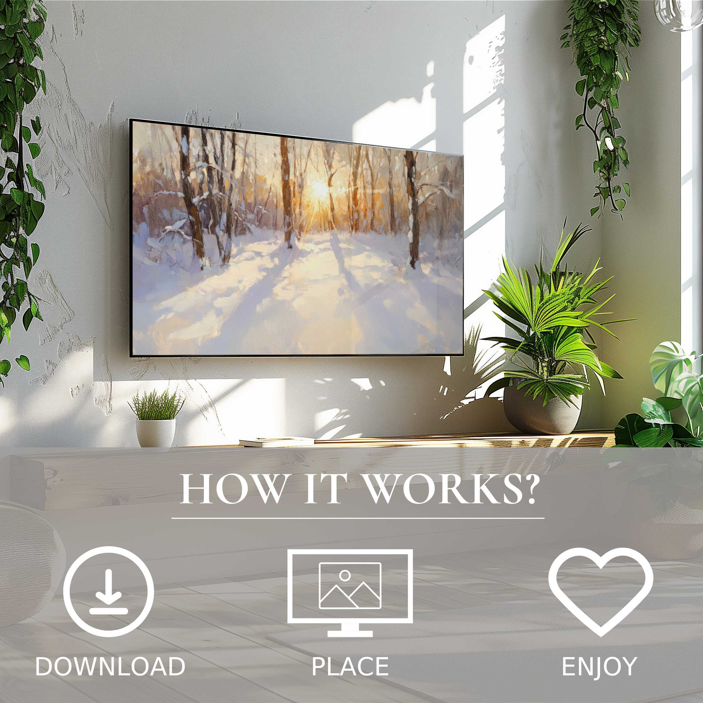 Winter art for Samsung TV: serene snowy forest with soft sunset tones, easy digital download enriches modern living rooms