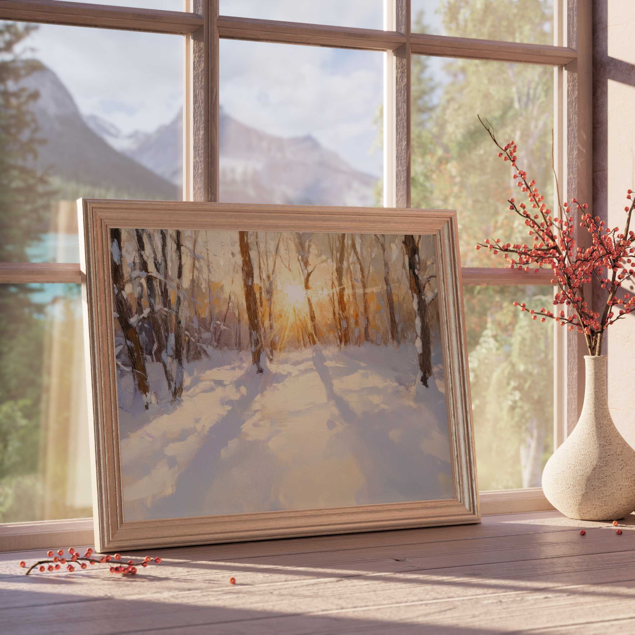Winter downloadable art capturing a serene snowy forest bathed in warm sunset glow, perfect for elegant, tranquil interiors