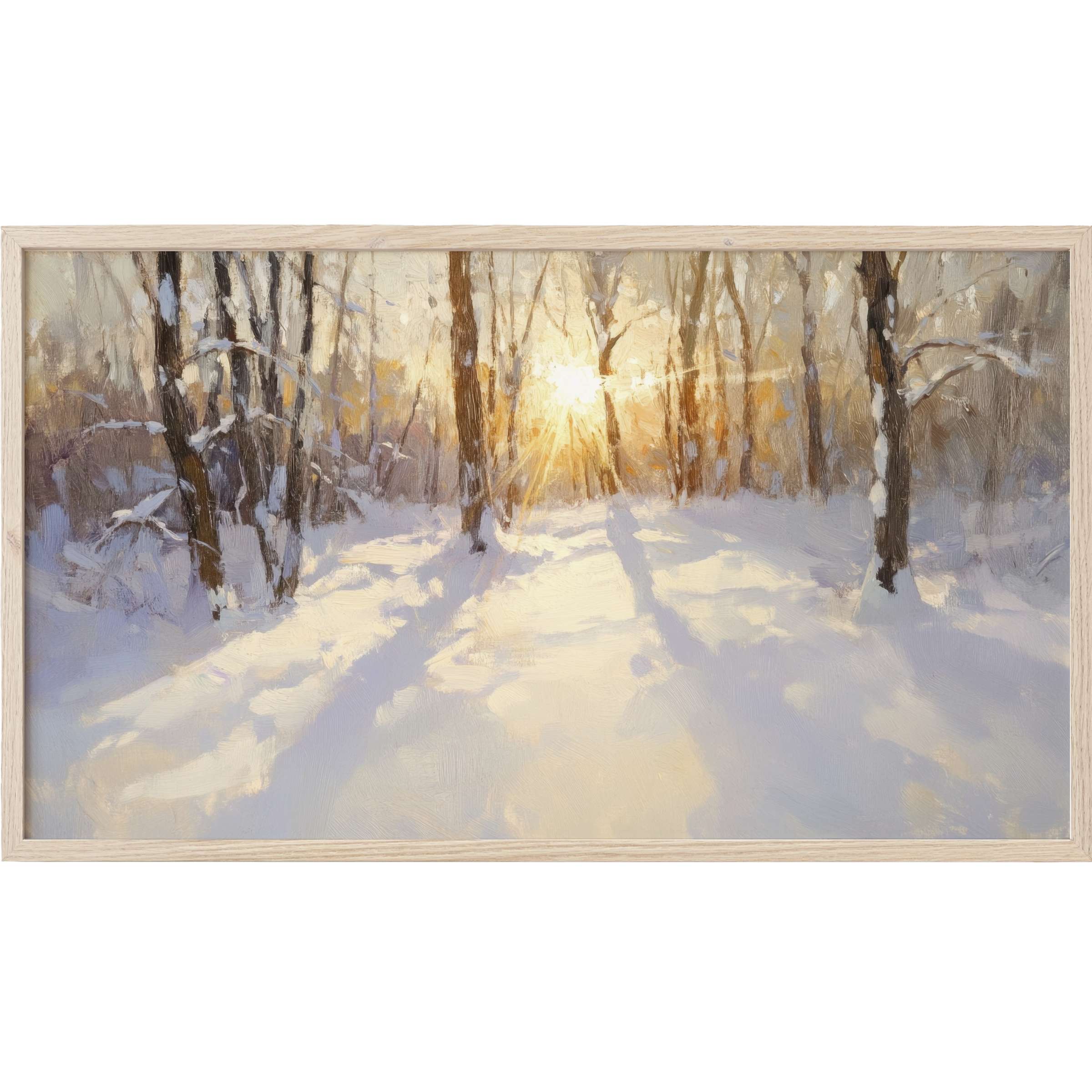 Winter forest bathed in soft golden light with cool blues and warm neutrals, winter Frame TV Art