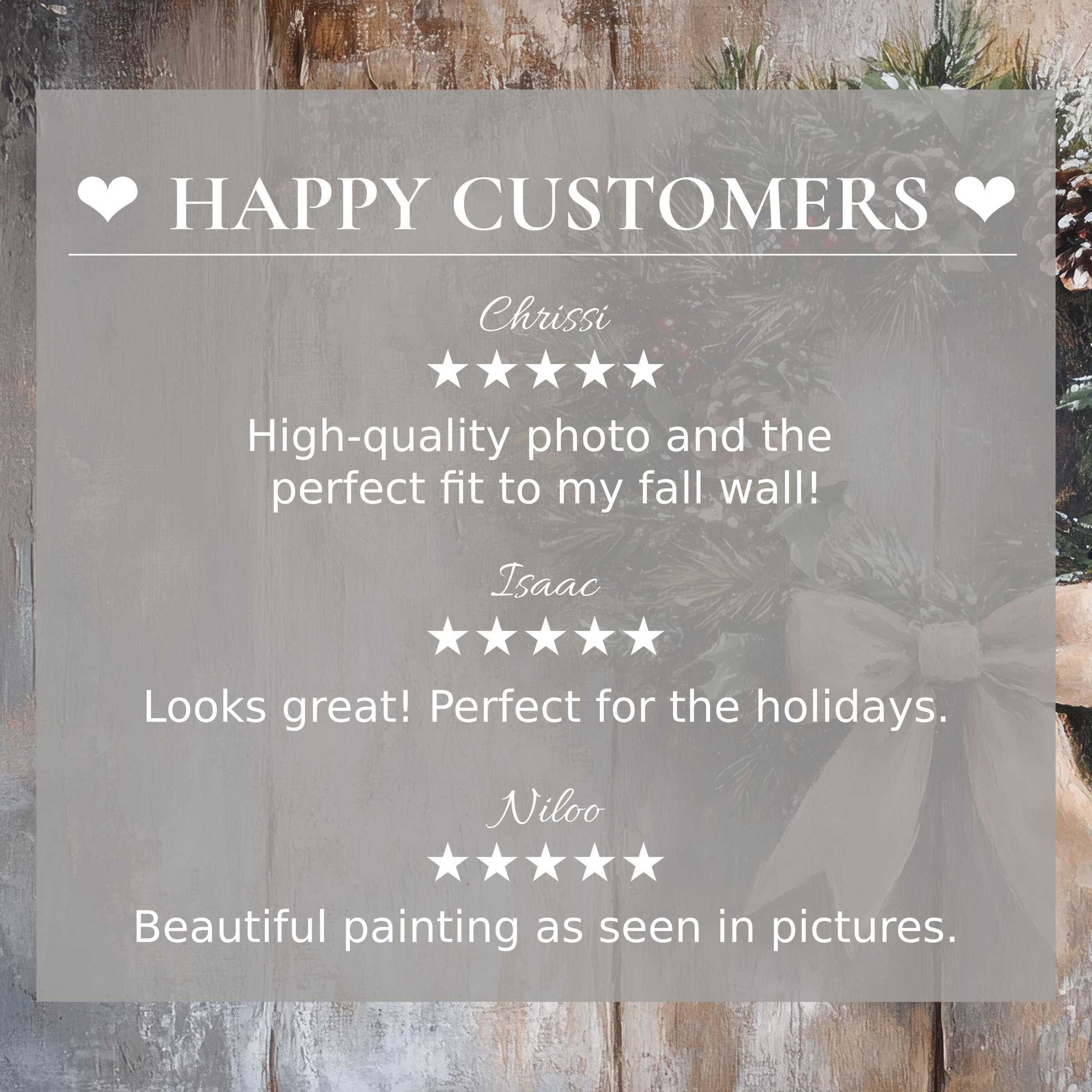 happy customer reviews highlight elegant christmas art for Frame TV with rustic wood and pine wreath backdrop