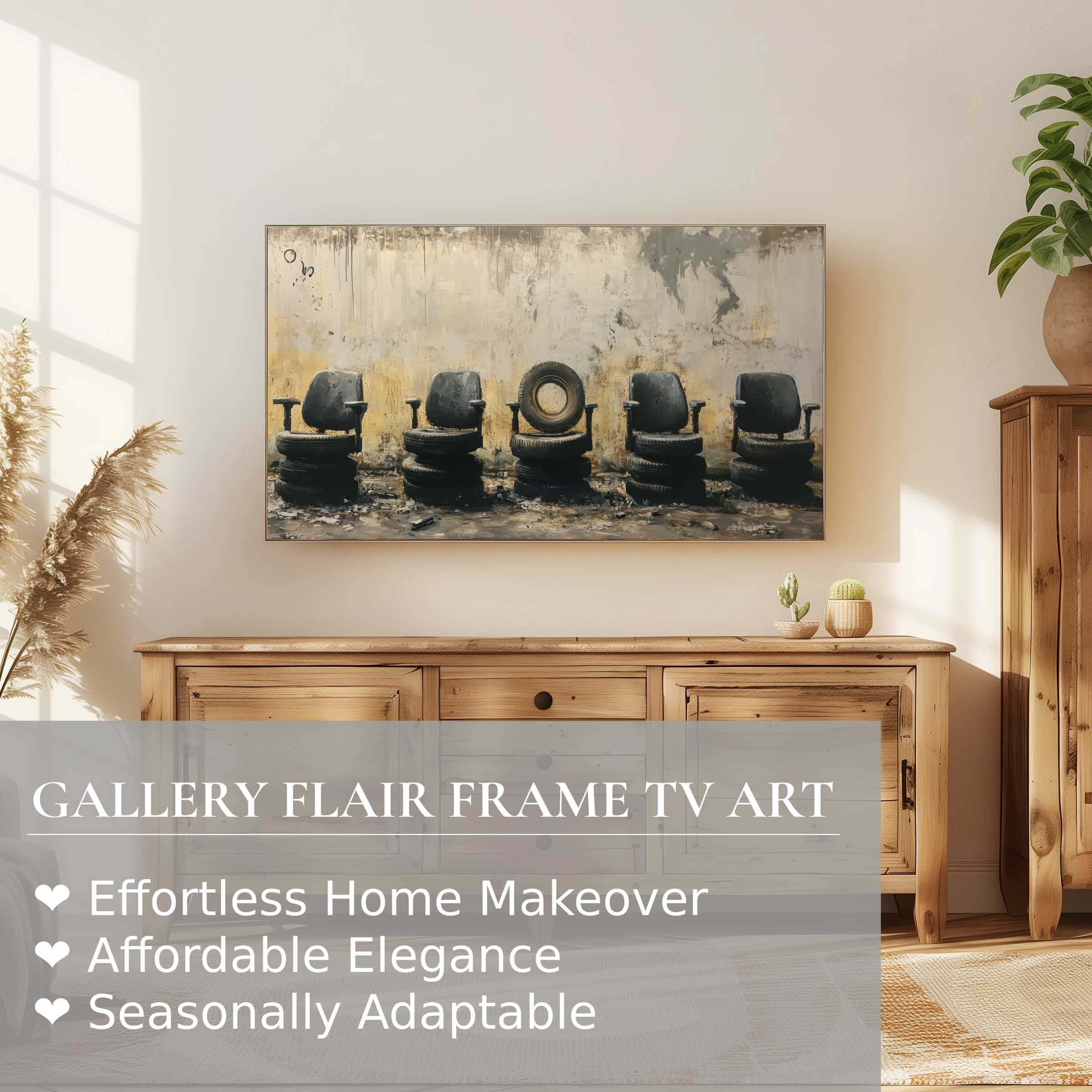 Samsung Frame TV displays street art digital artwork of worn chairs and tires in a minimalist, sunlit room