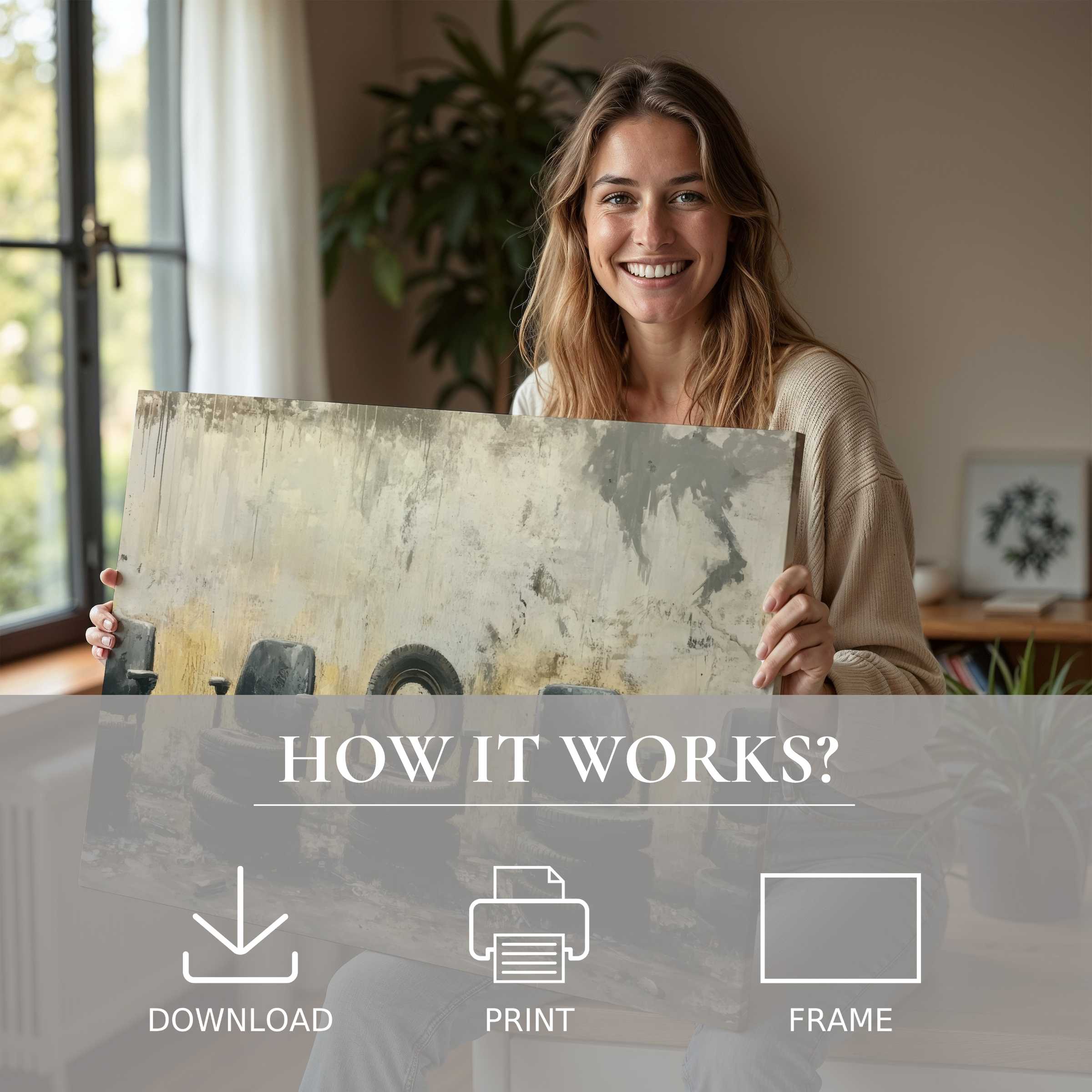 Bright-eyed woman reveals a street art digital art print in her chic home, embodying joy and the seamless art-to-space transformation