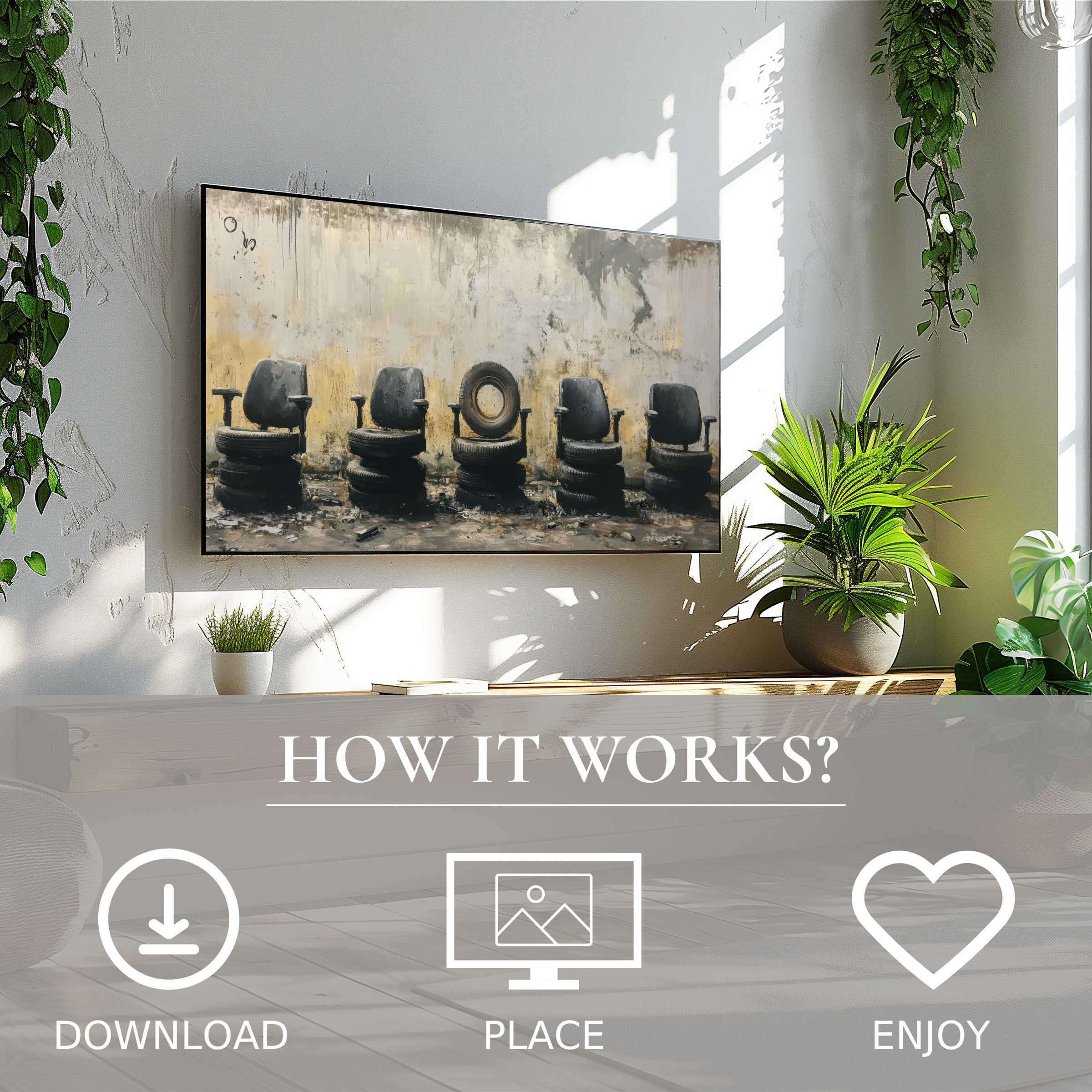 Modern living with street art for Samsung TV showing muted tire chair motif, easy digital download enriches your space