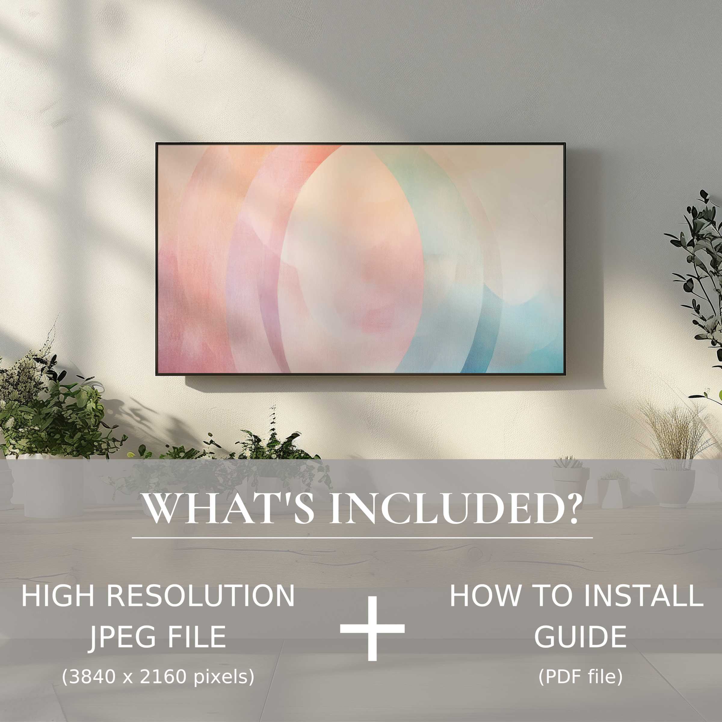 Elegant living room with boho digital TV art download, easy digital use enhances space with modern pastel design