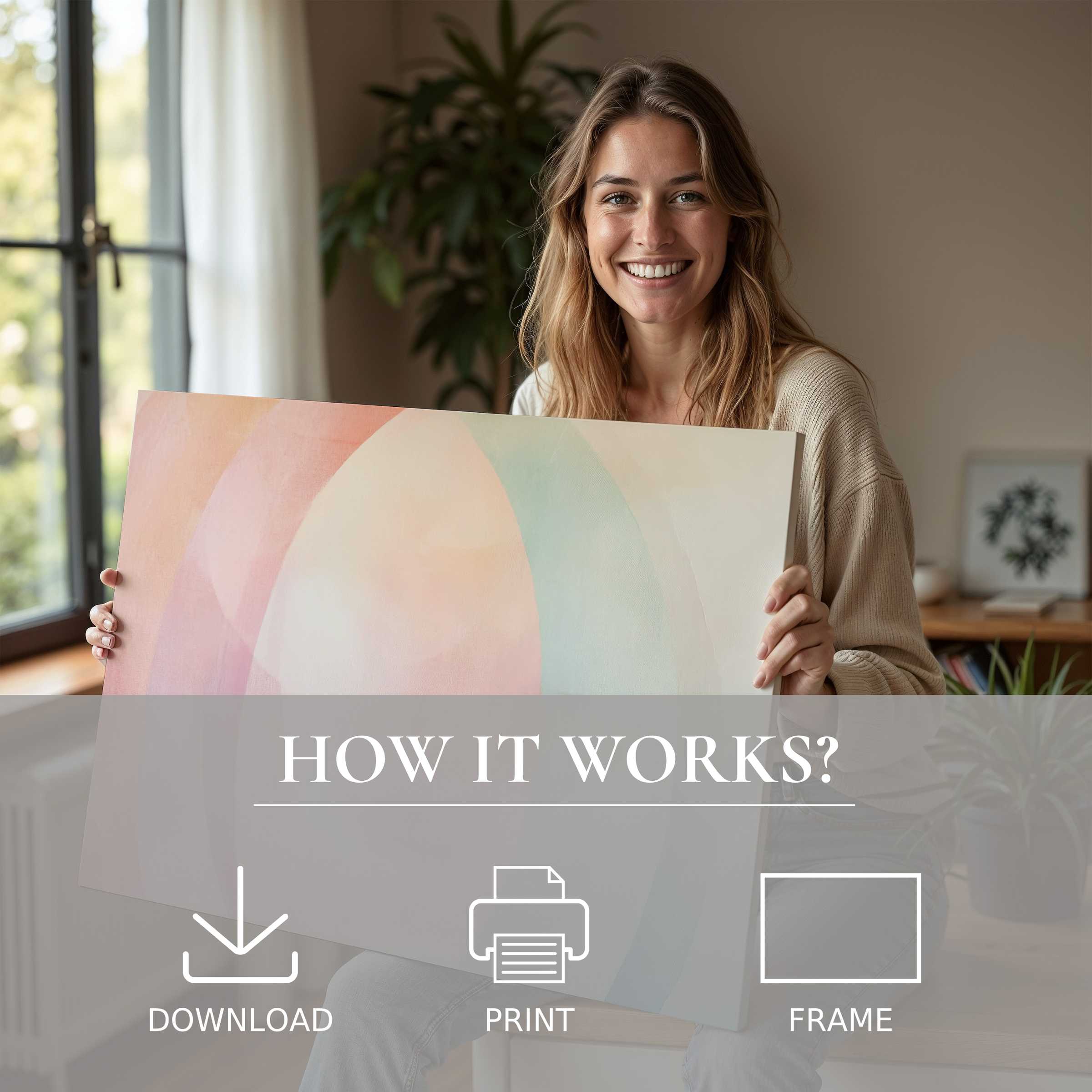 Woman radiates joy in a modern home, embracing the serene beauty of a boho digital art print, effortlessly enriching her space