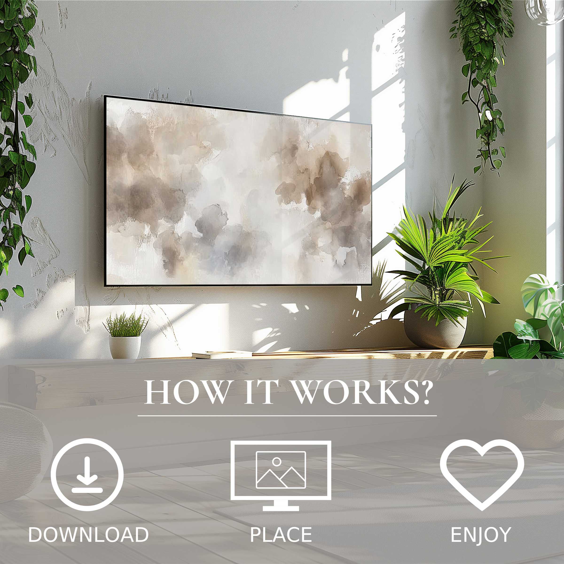 Neutral art for Samsung TV with soft cloud tones, easy digital download, enhancing modern living spaces simply and stylishly