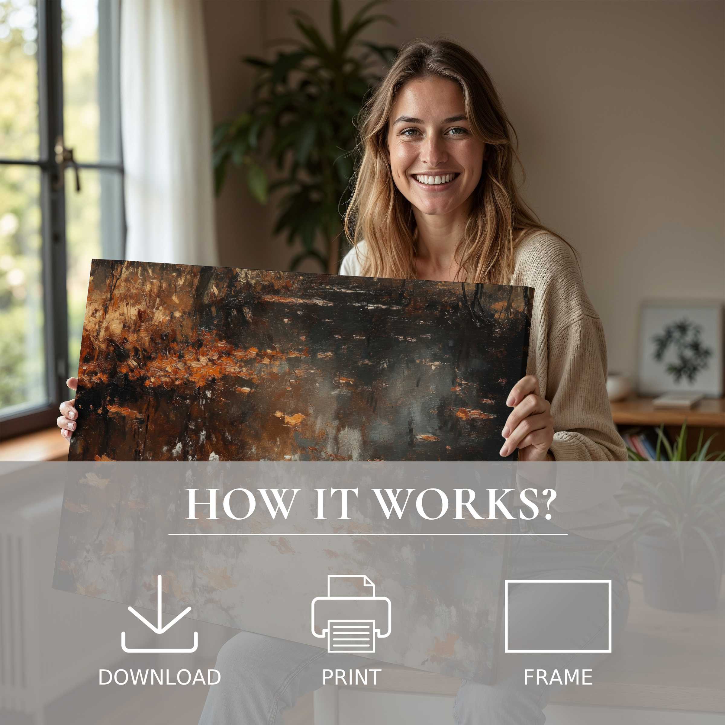 Elegant fall digital art print evokes warmth and calm, inspiring a serene moment of joyful connection within a modern home