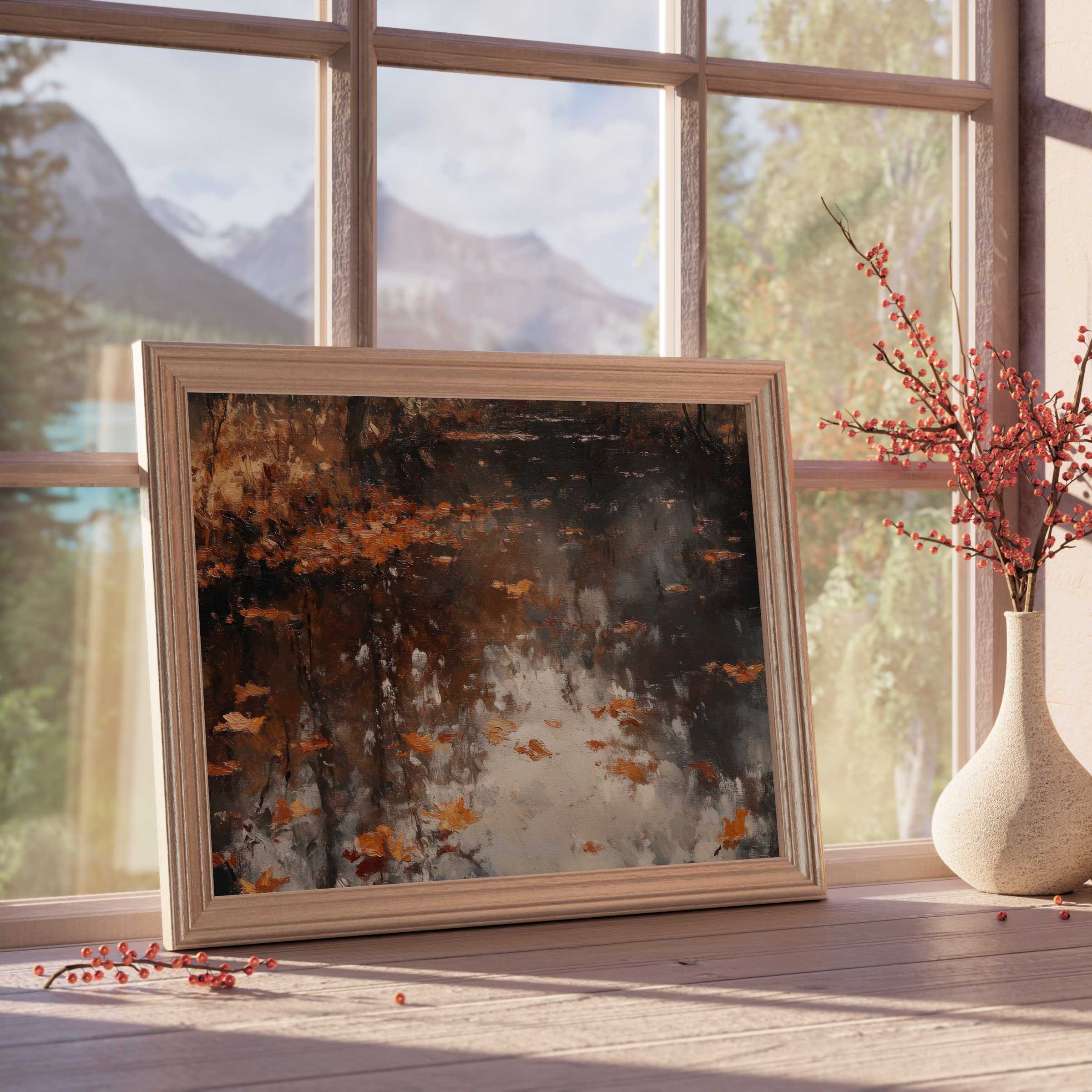 Fall downloadable art capturing a serene woodland pond with warm amber leaves, perfect for curated, tranquil interiors