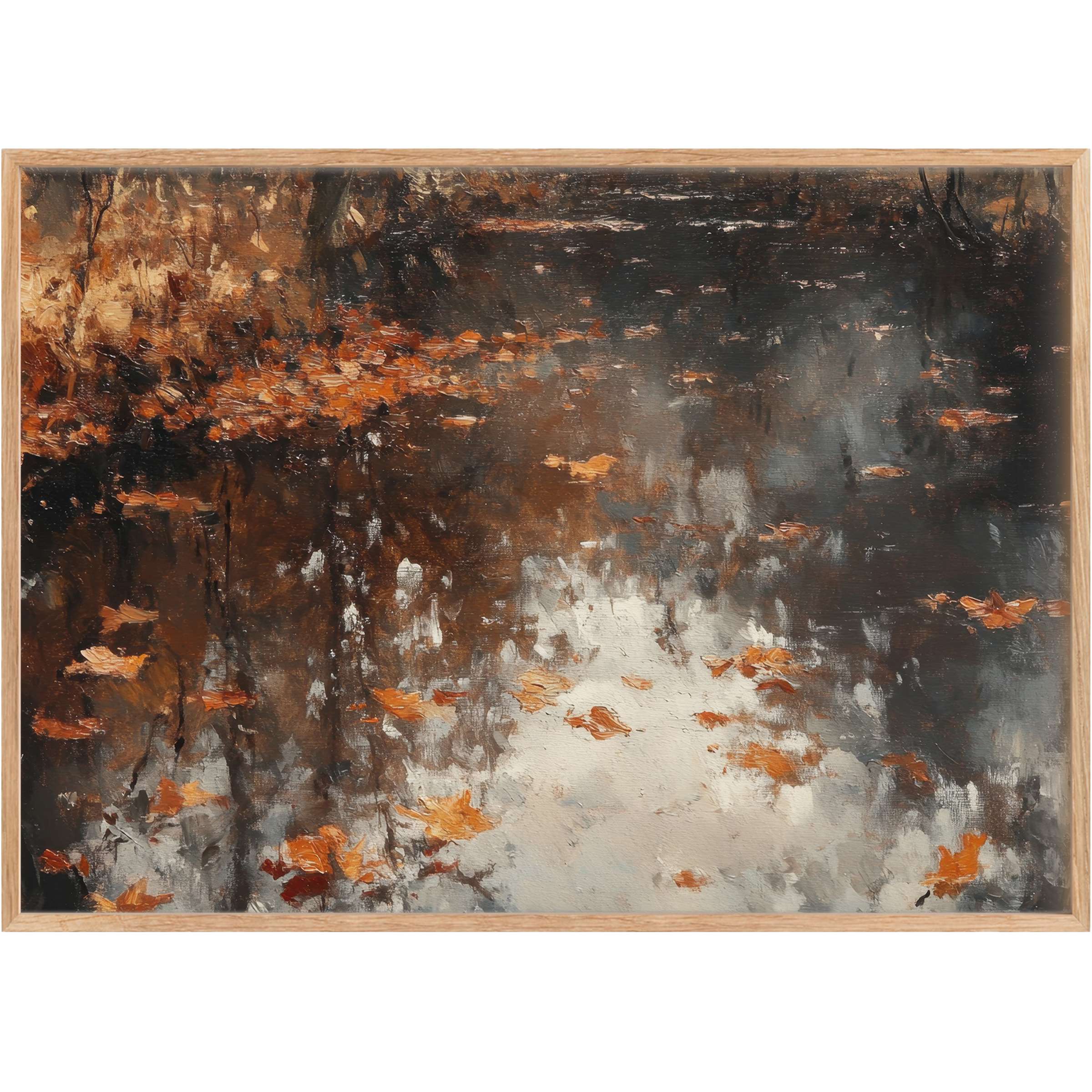 Fall printable wall art capturing serene woodland reflections in rich amber and deep charcoal tones, evoking tranquil autumn warmth