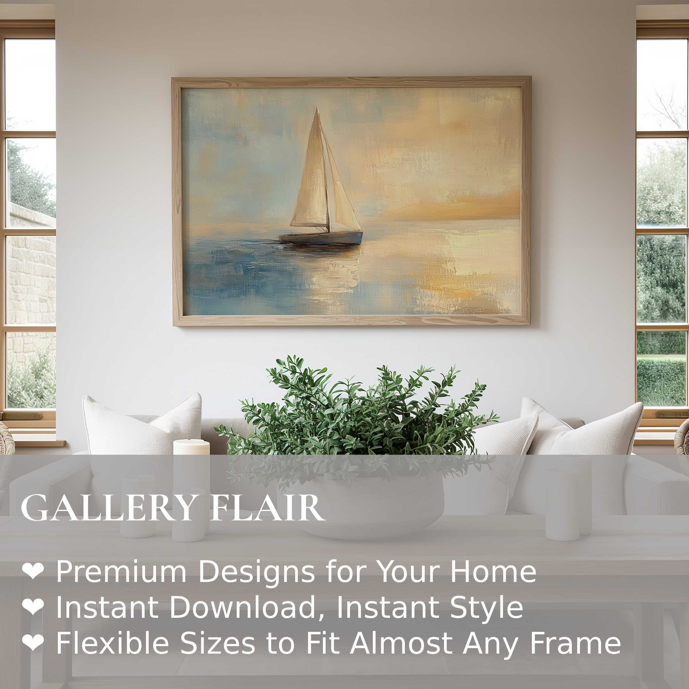 Coastal wall art print featuring a serene sailboat in soft blues and warm neutrals, enhancing modern minimalist interiors with calm elegance