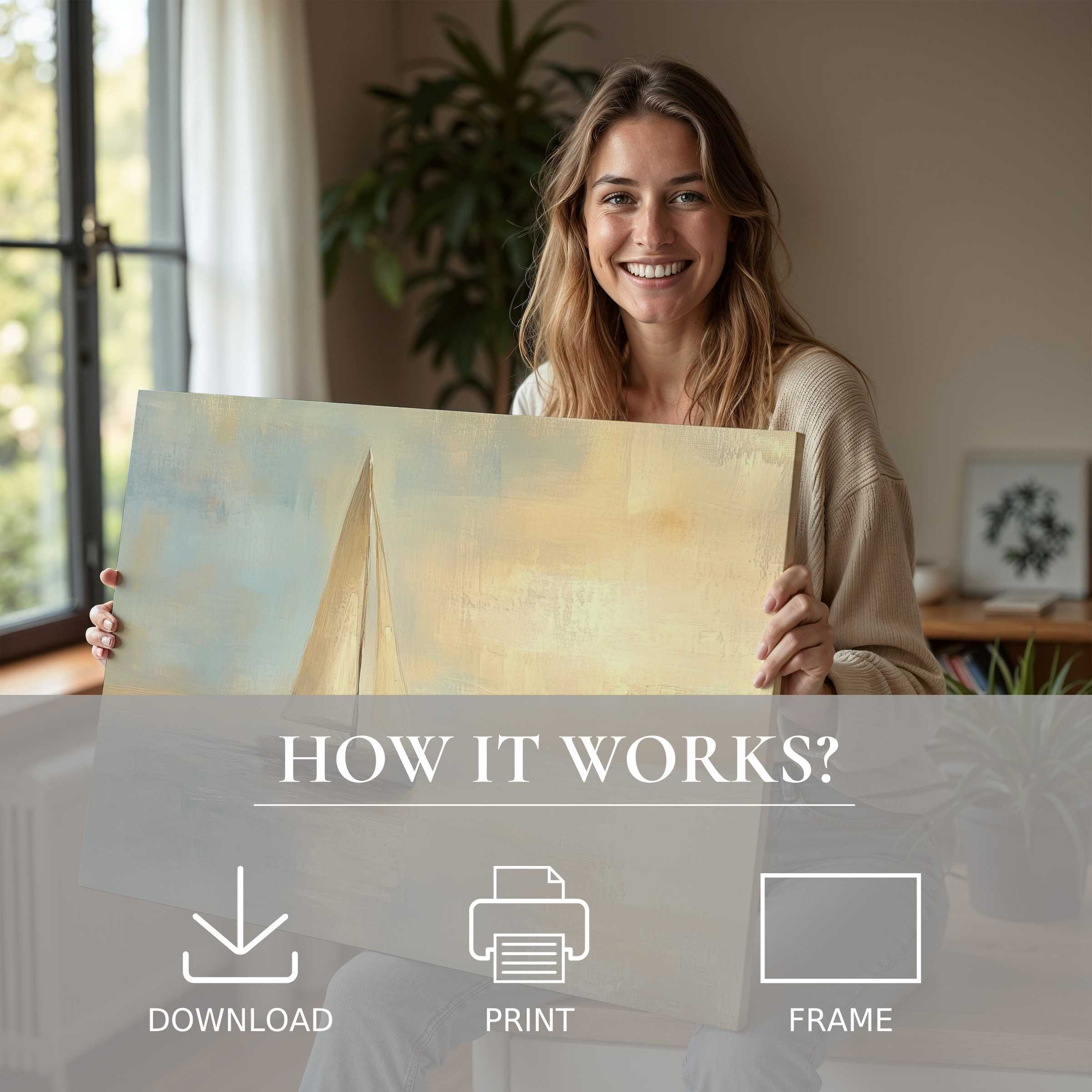 Coastal digital art print brightens a modern home, capturing serene joy and effortless style in everyday living