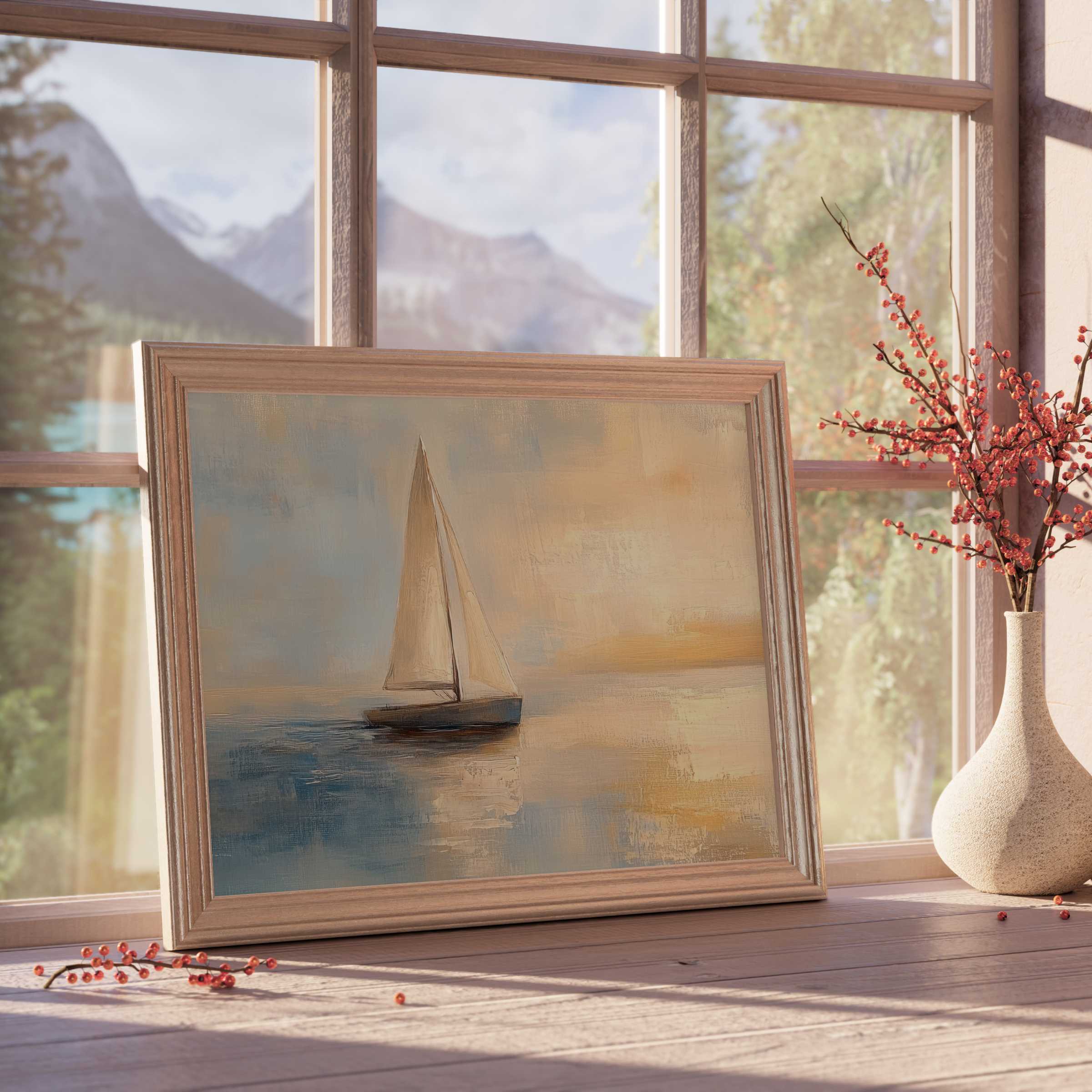 Coastal downloadable art evoking serene sails at sunset, infusing refined tranquility into curated, elegant interiors