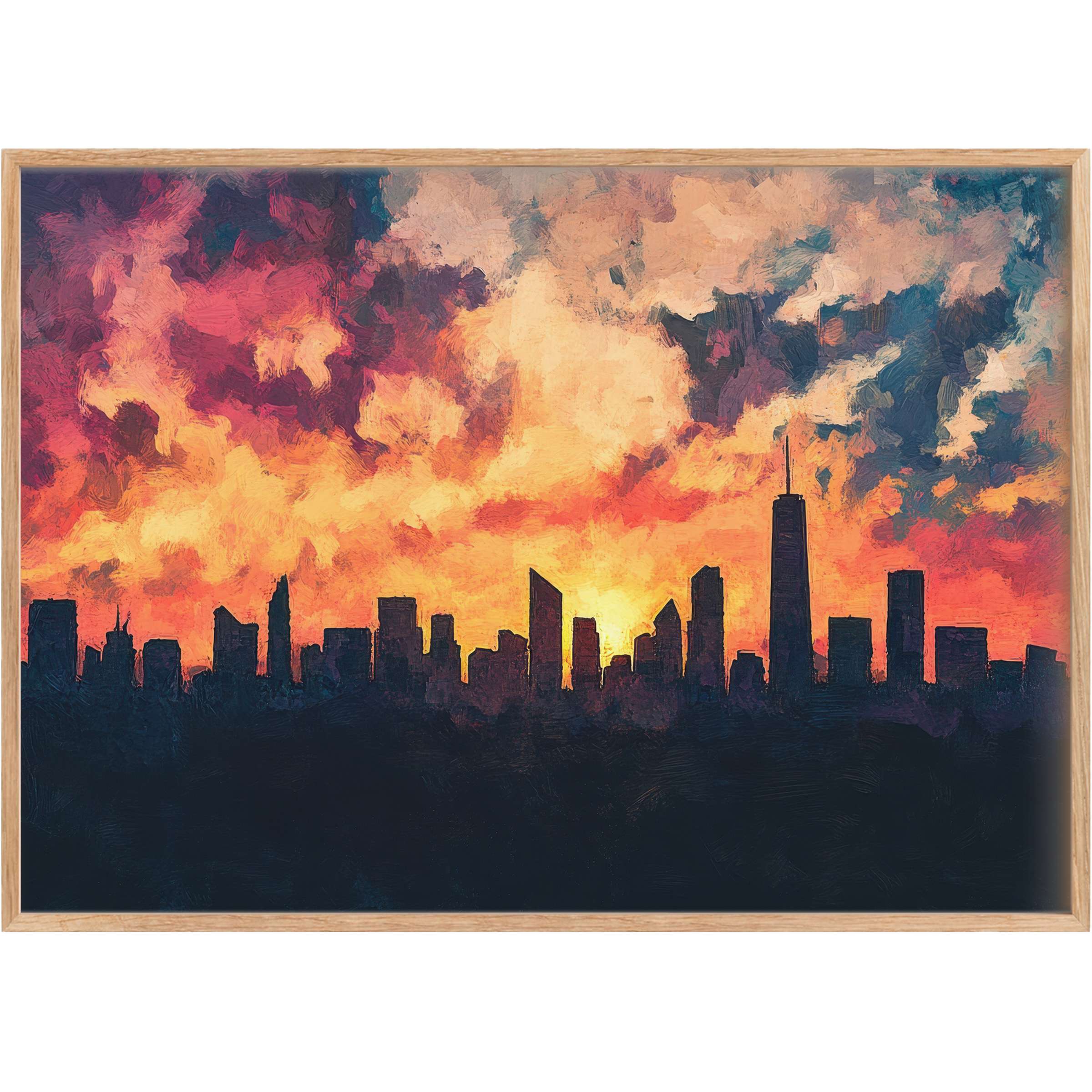Dramatic urban printable wall art captures a bold city skyline at sunset, blending fiery reds and deep blues for a striking, vibrant ambiance