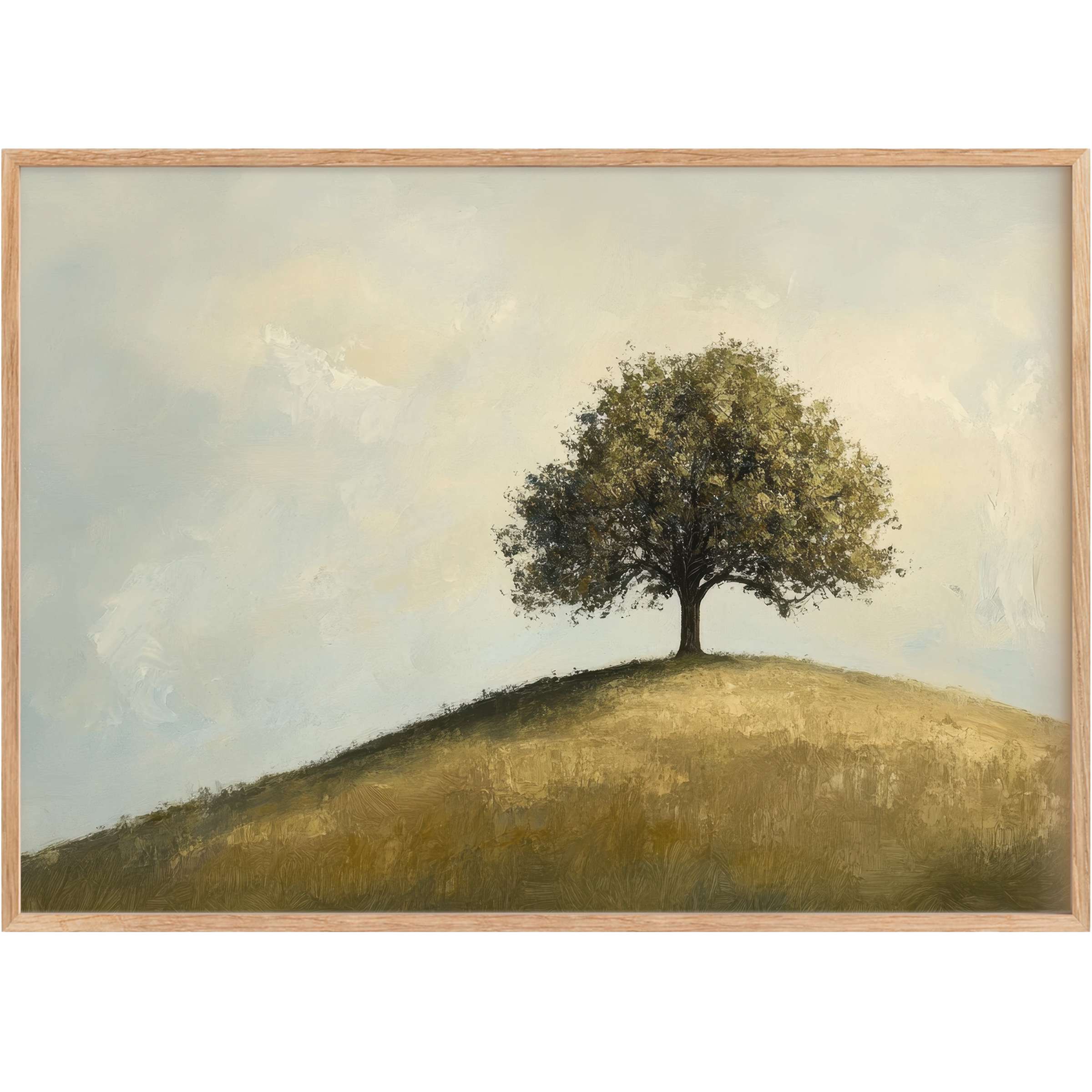 Elegant tree printable wall art featuring a solitary oak on a golden hill, evoking serene, timeless warmth in muted earth tones