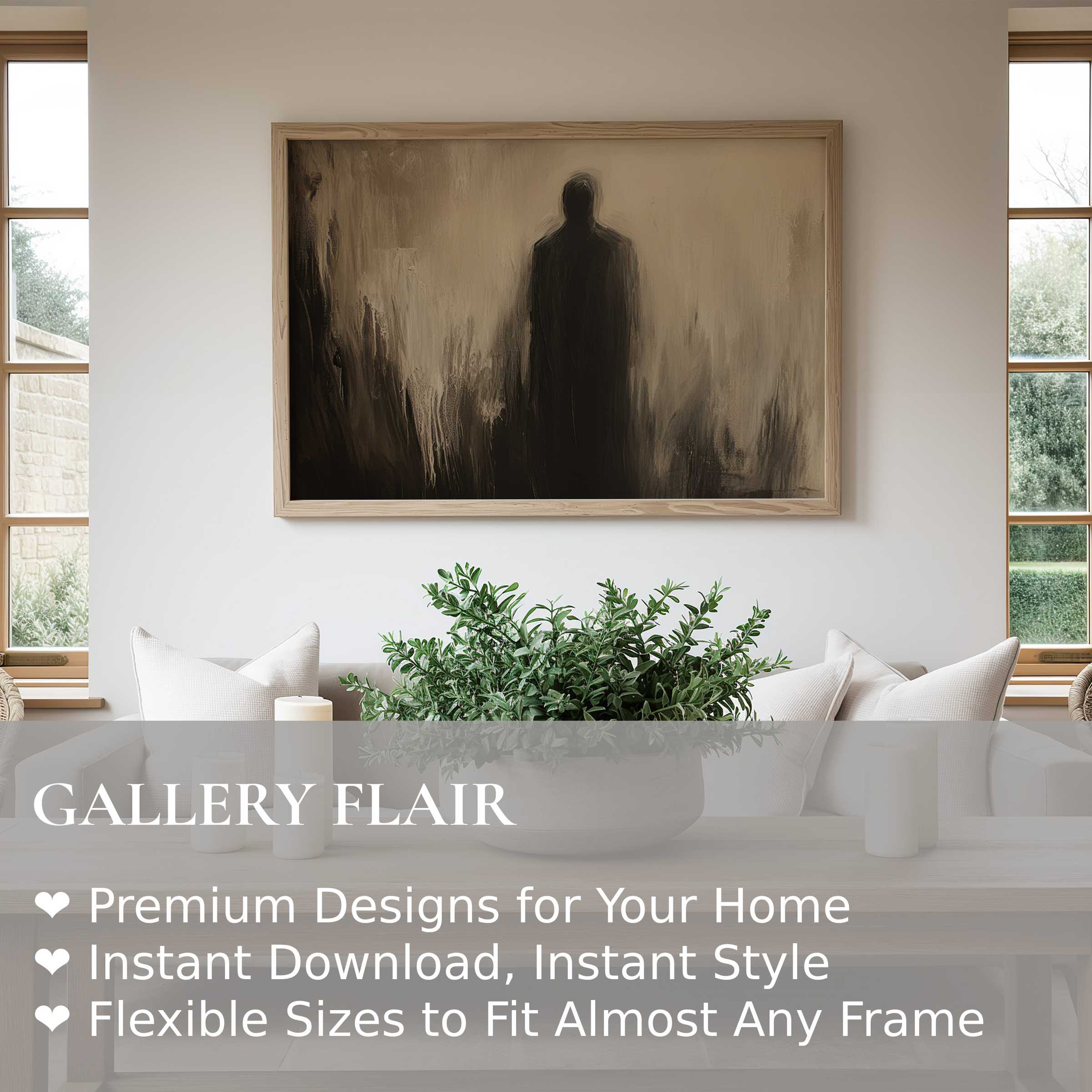 Halloween wall art print featuring a bold, shadowy figure in muted earth tones, enhancing modern minimal interiors with eerie sophistication and moody elegance