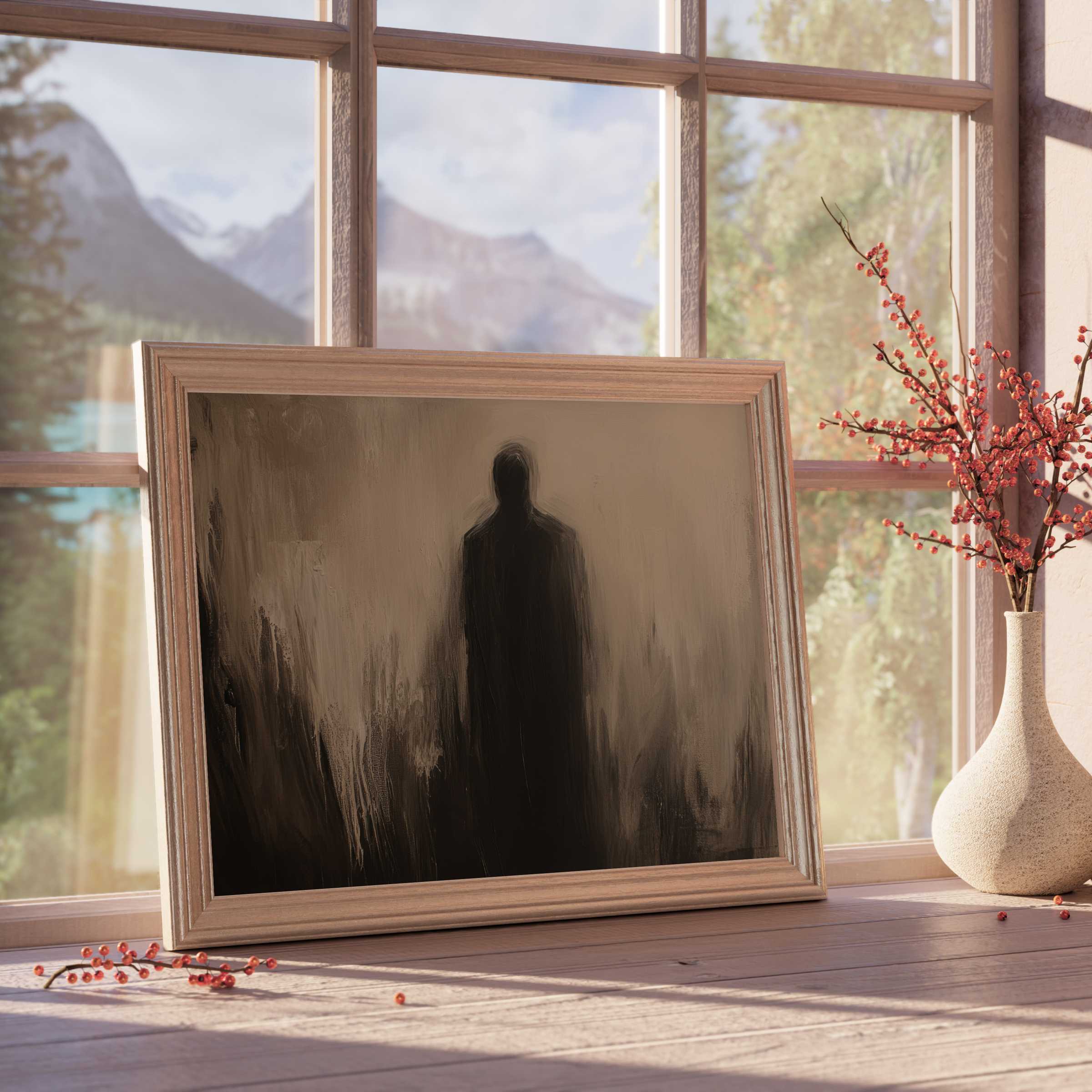 Halloween downloadable art featuring a shadowy silhouette evokes serene mystery, perfect for curated, tranquil modern interiors