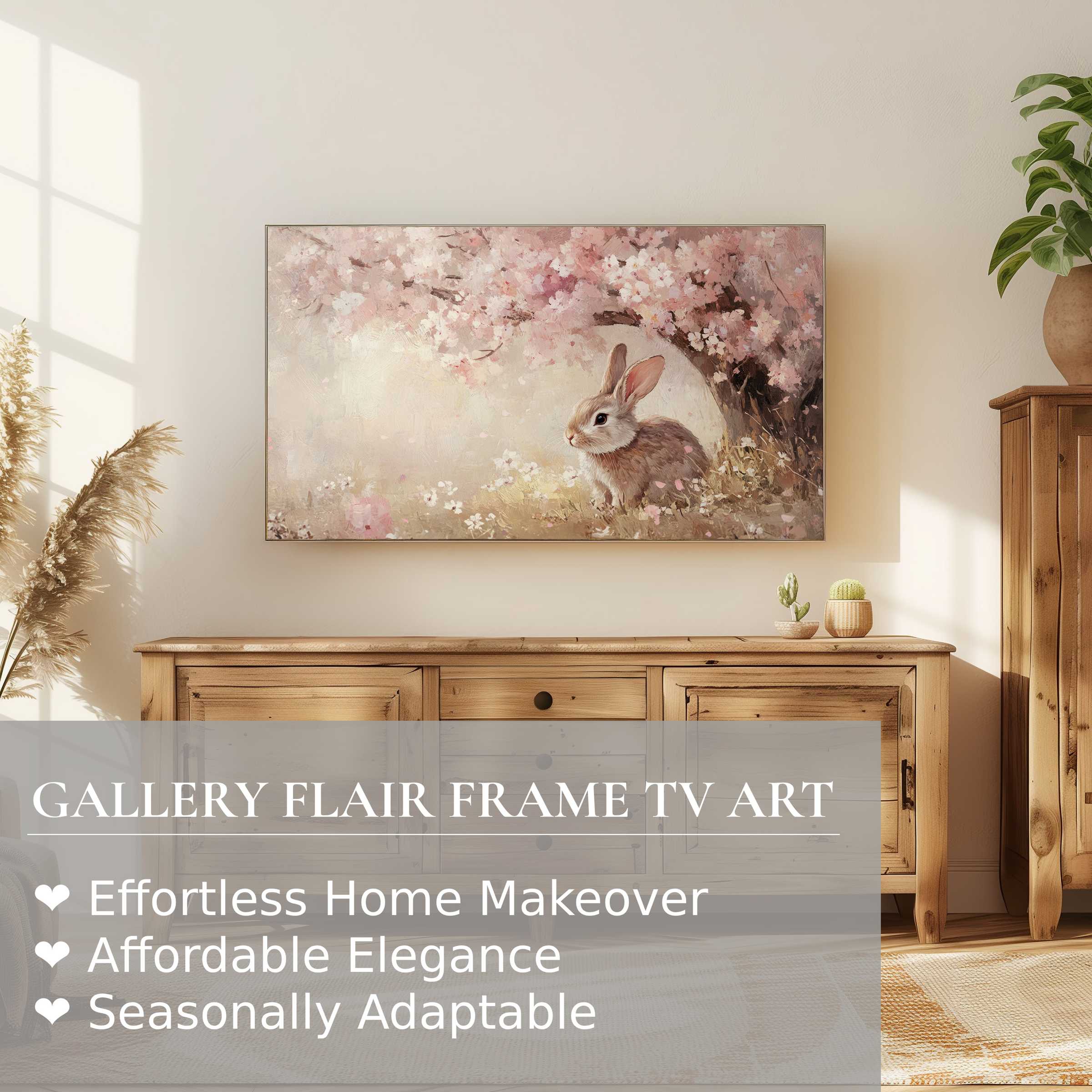 Samsung Frame TV displays soft pastel easter digital artwork with a serene bunny beneath blooming cherry blossoms