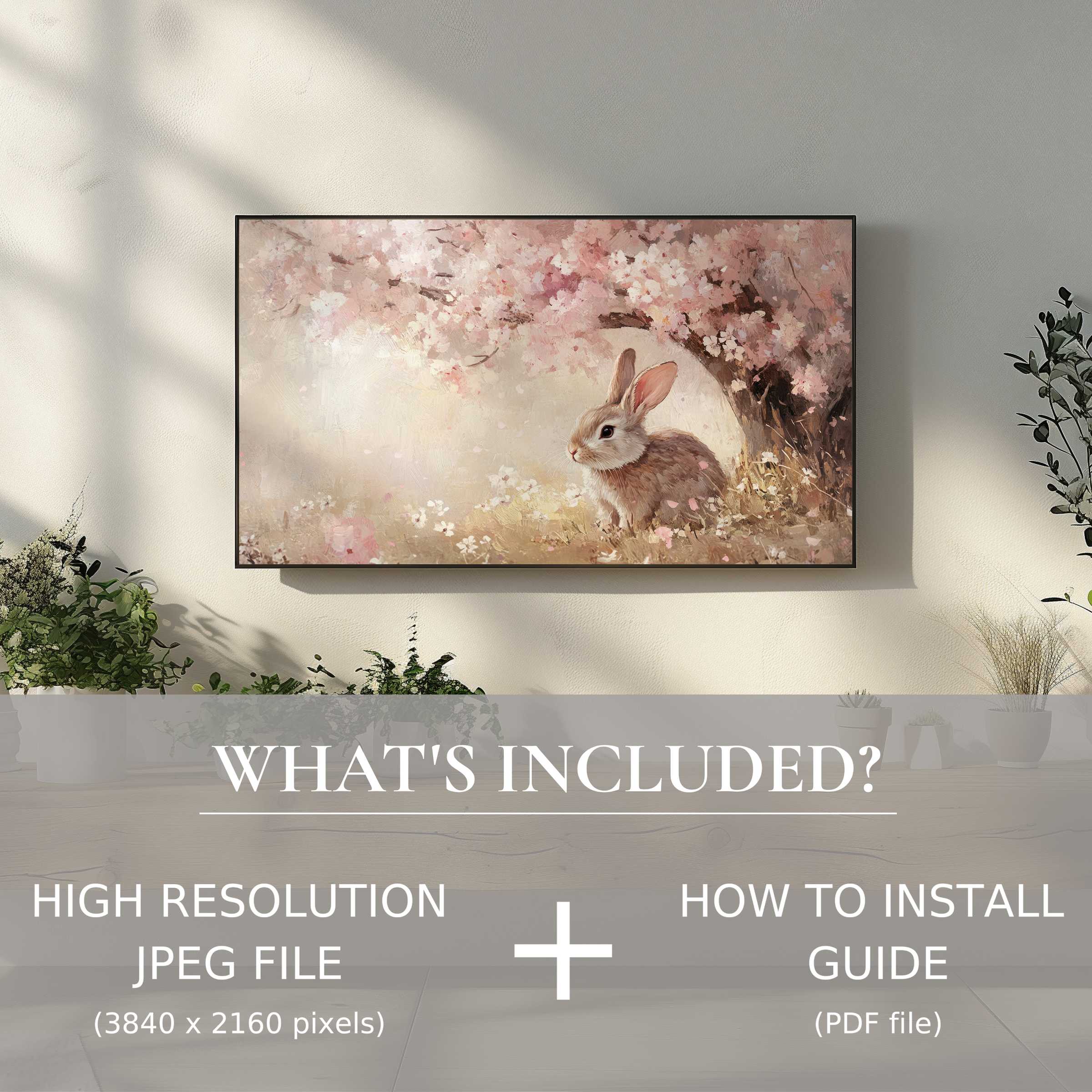 Elegant living room with easter digital TV art download of a bunny under cherry blossoms, enhancing space with easy digital use