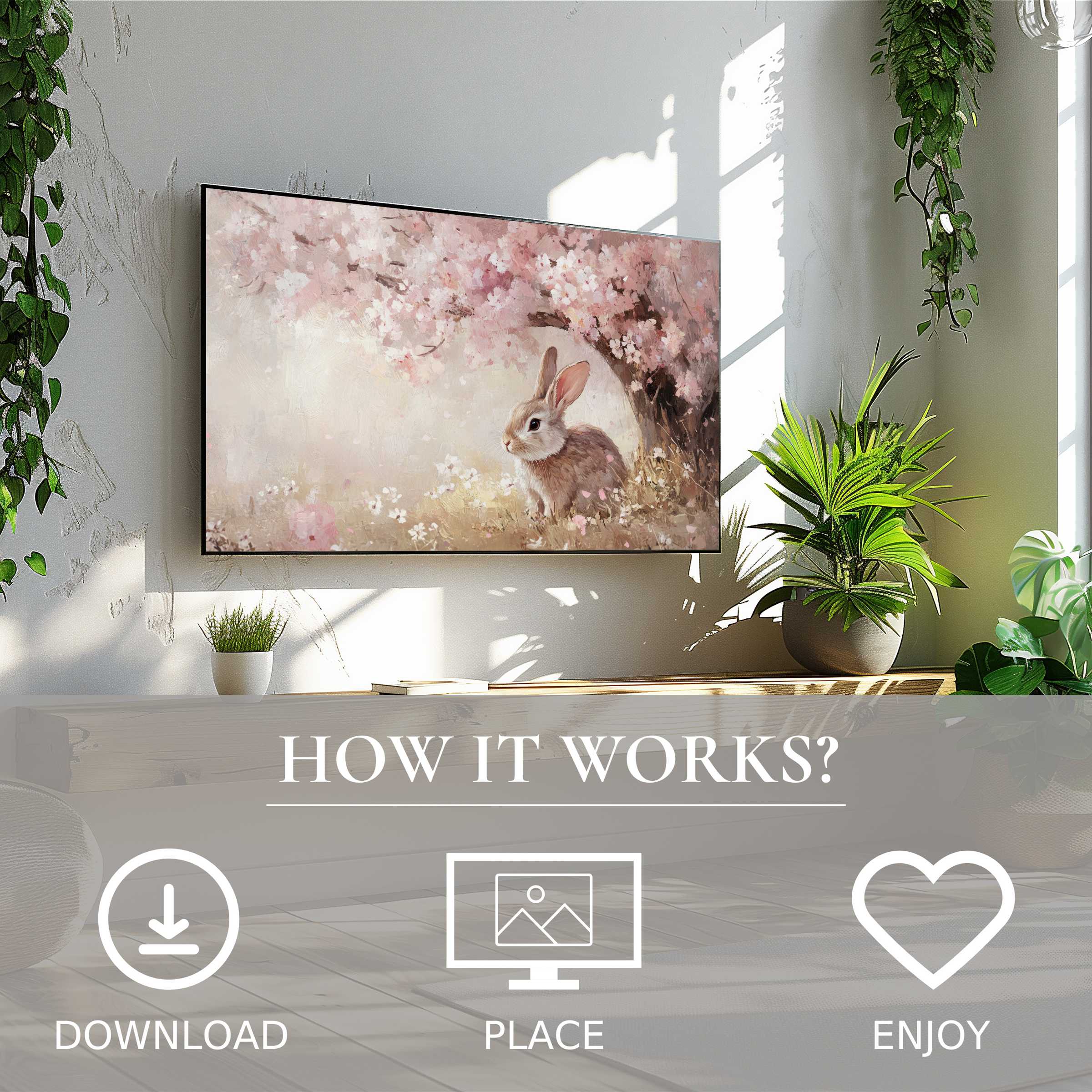 Easter art for Samsung TV shows soft pink blooms and a bunny; easy digital download enriches modern living spaces