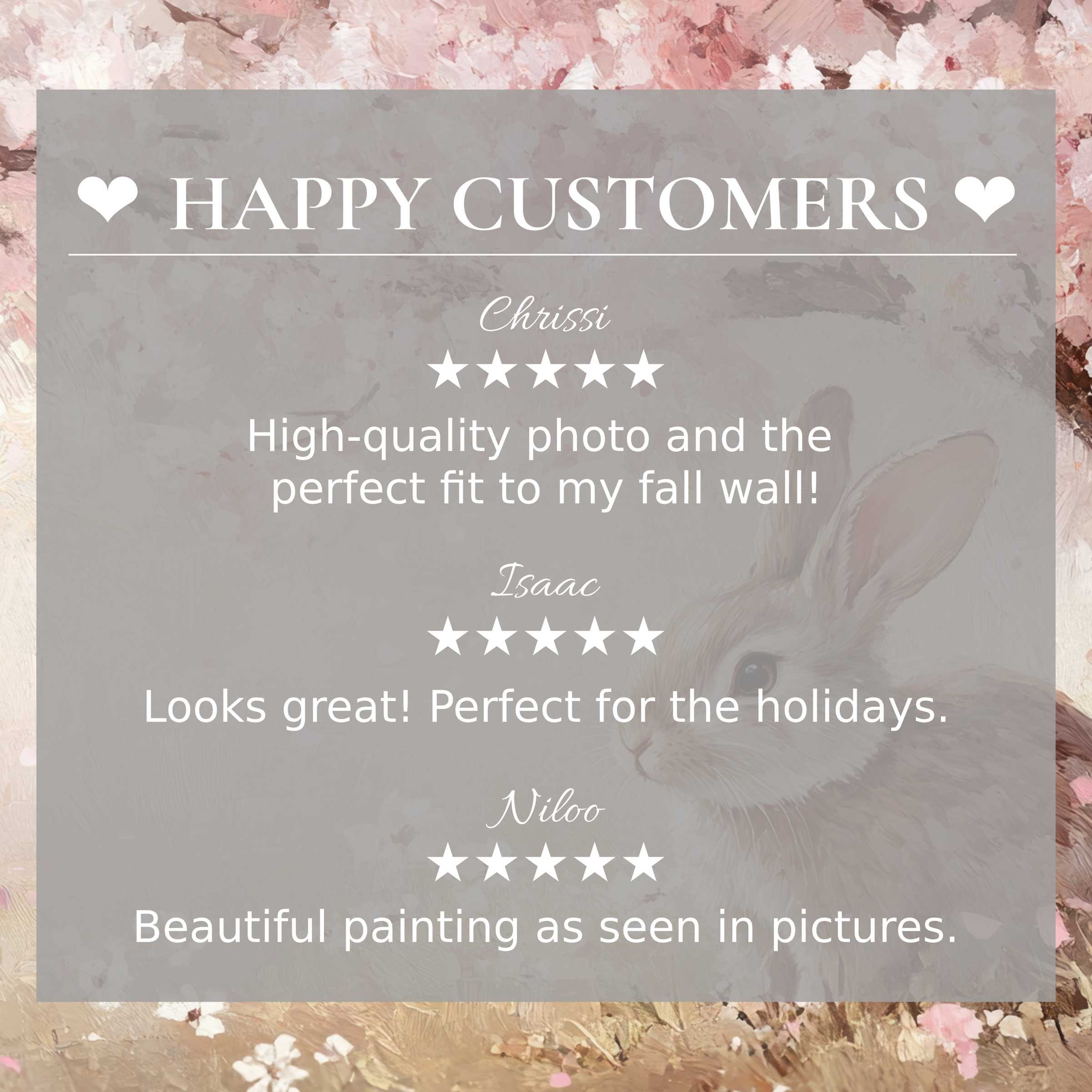 Elegant easter art for Frame TV with soft pink floral background, a rabbit, and happy customer reviews building trust