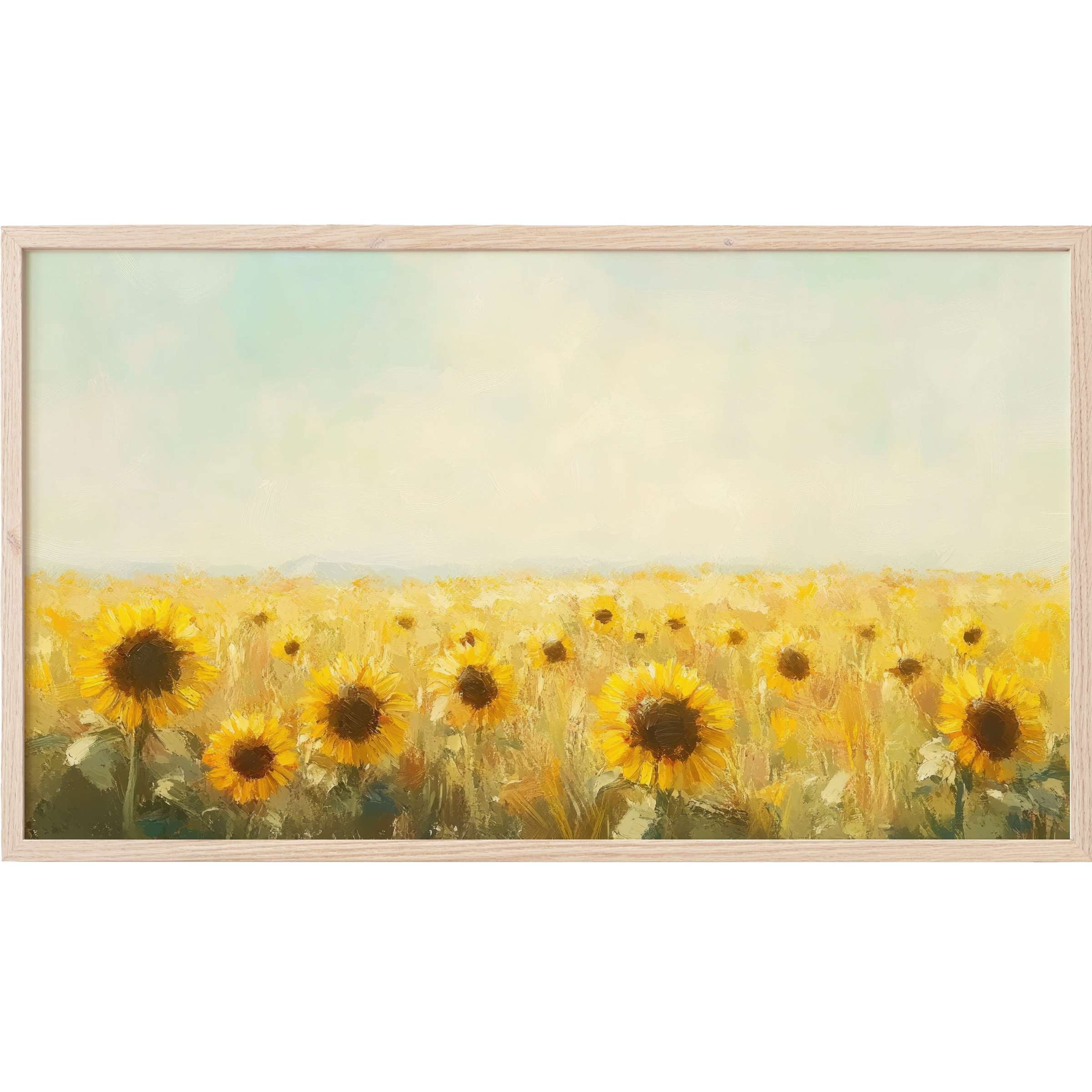 Sunlit sunflower field in soft, textured yellows and greens with pale sky, a serene landscape Frame TV Art