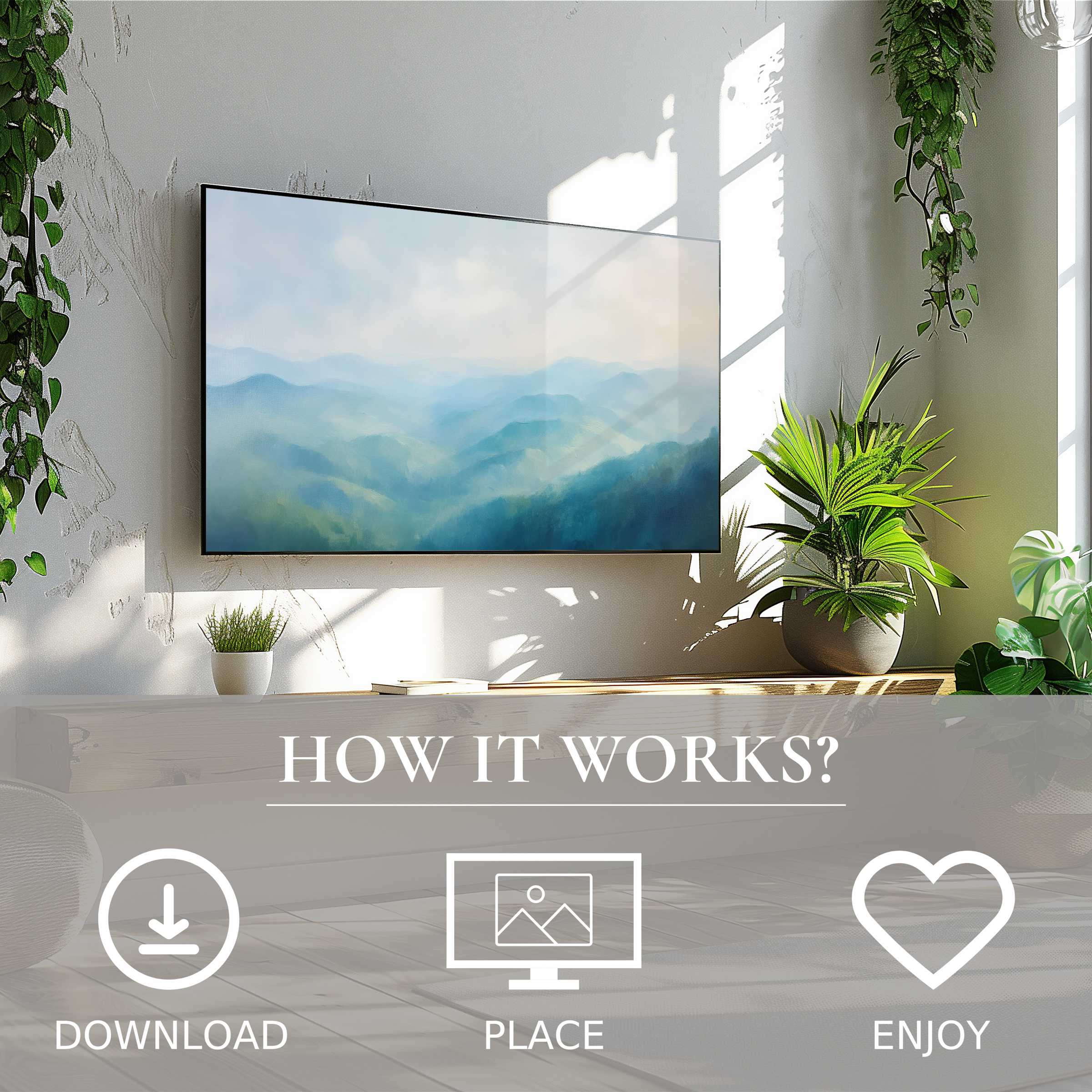 Summer art for Samsung TV showing soft blue mountain tones, easy digital download enriching modern living spaces