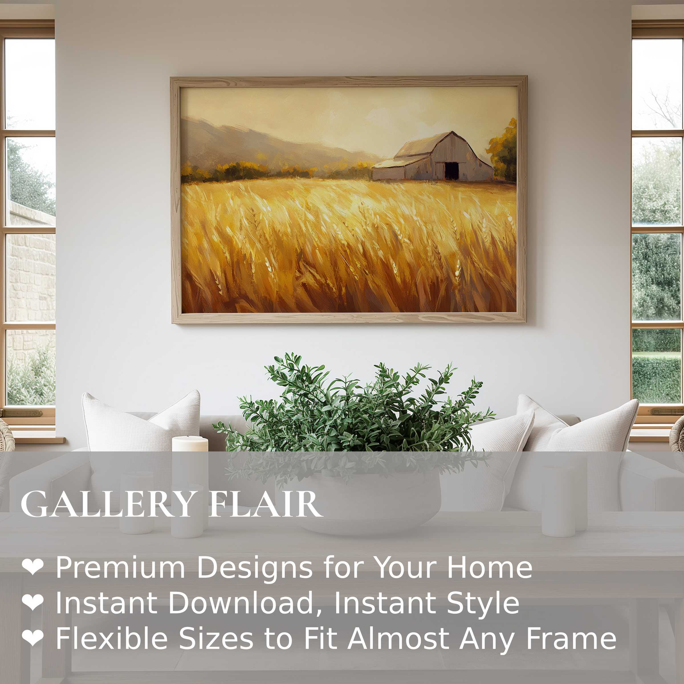 Farmhouse wall art print with golden wheat field and rustic barn, evoking warm, serene farmhouse charm in modern minimalist decor