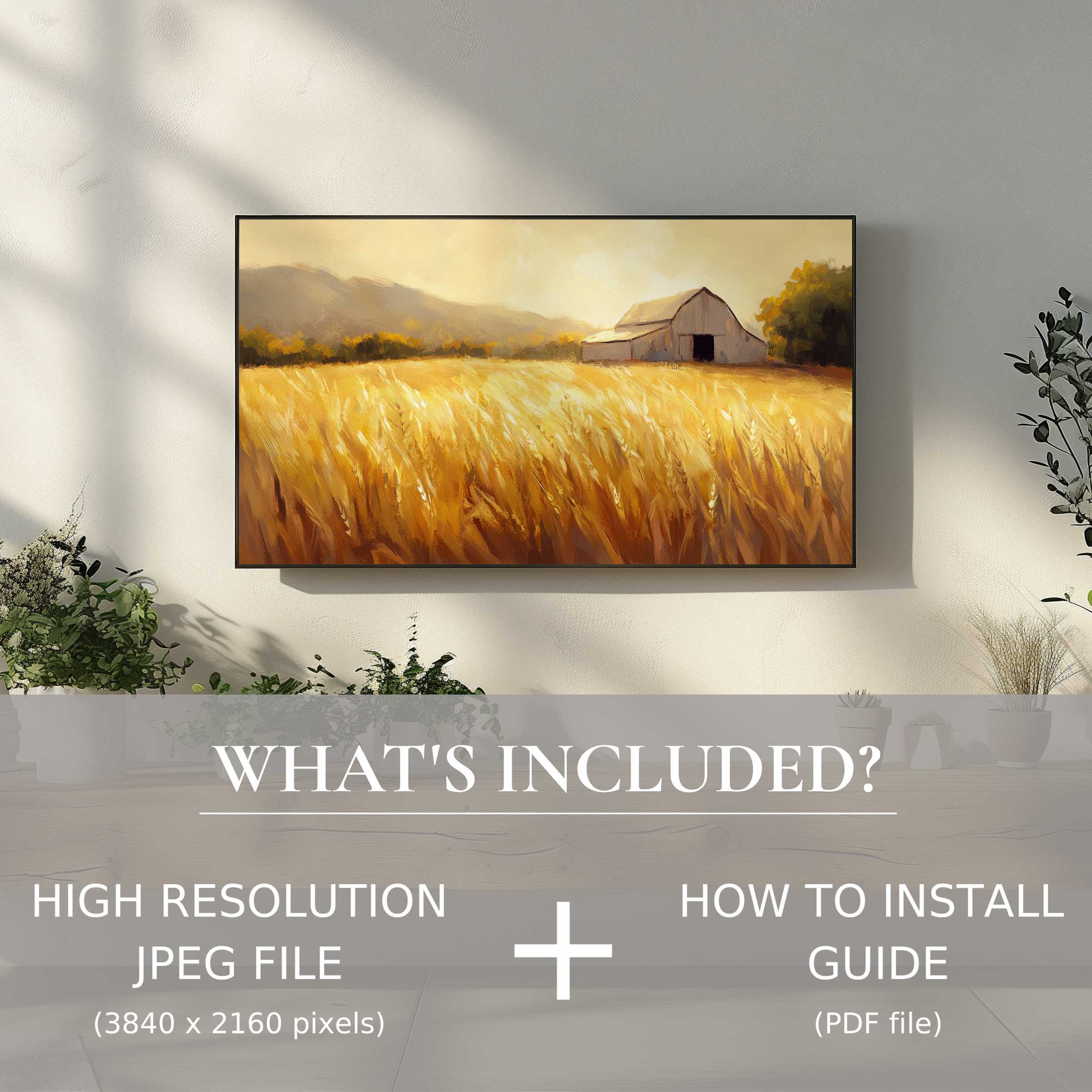 Elegant farmhouse digital TV art download enhances living space with easy digital use, showcasing golden fields and rustic charm