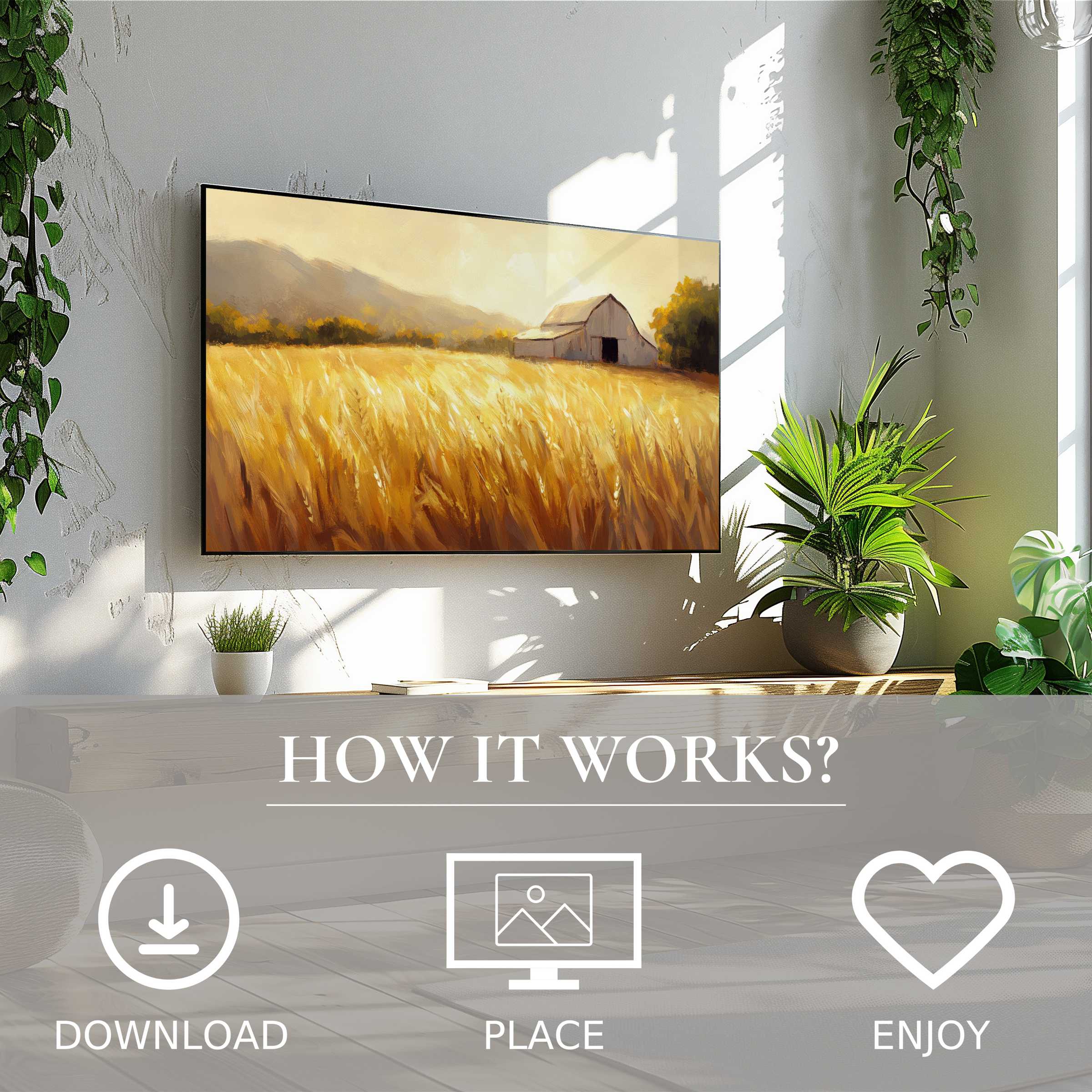Modern living room with farmhouse art for Samsung TV; soft sunset tones enrich space via easy digital download