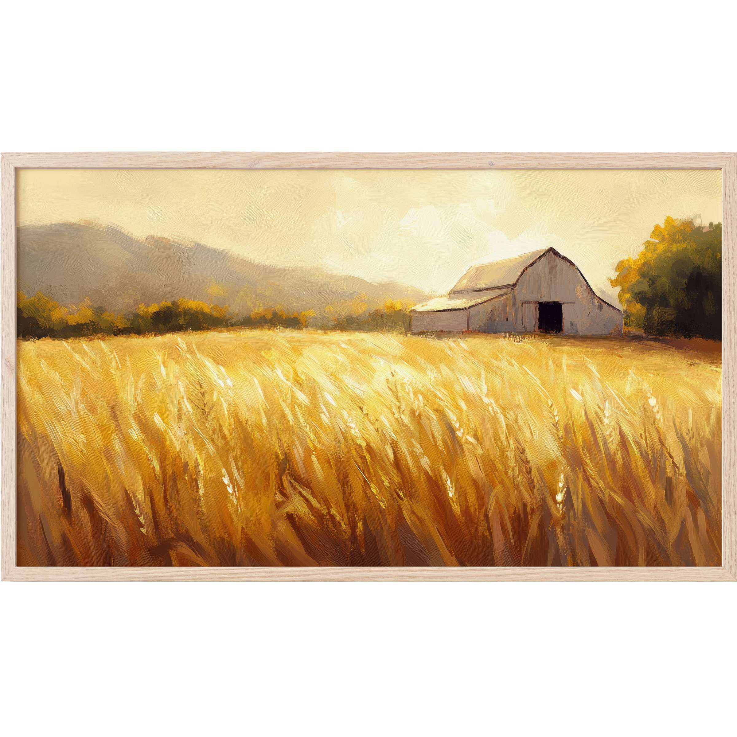 Farmhouse Frame TV Art depicting a sunlit golden wheat field with a rustic barn in soft, warm tones