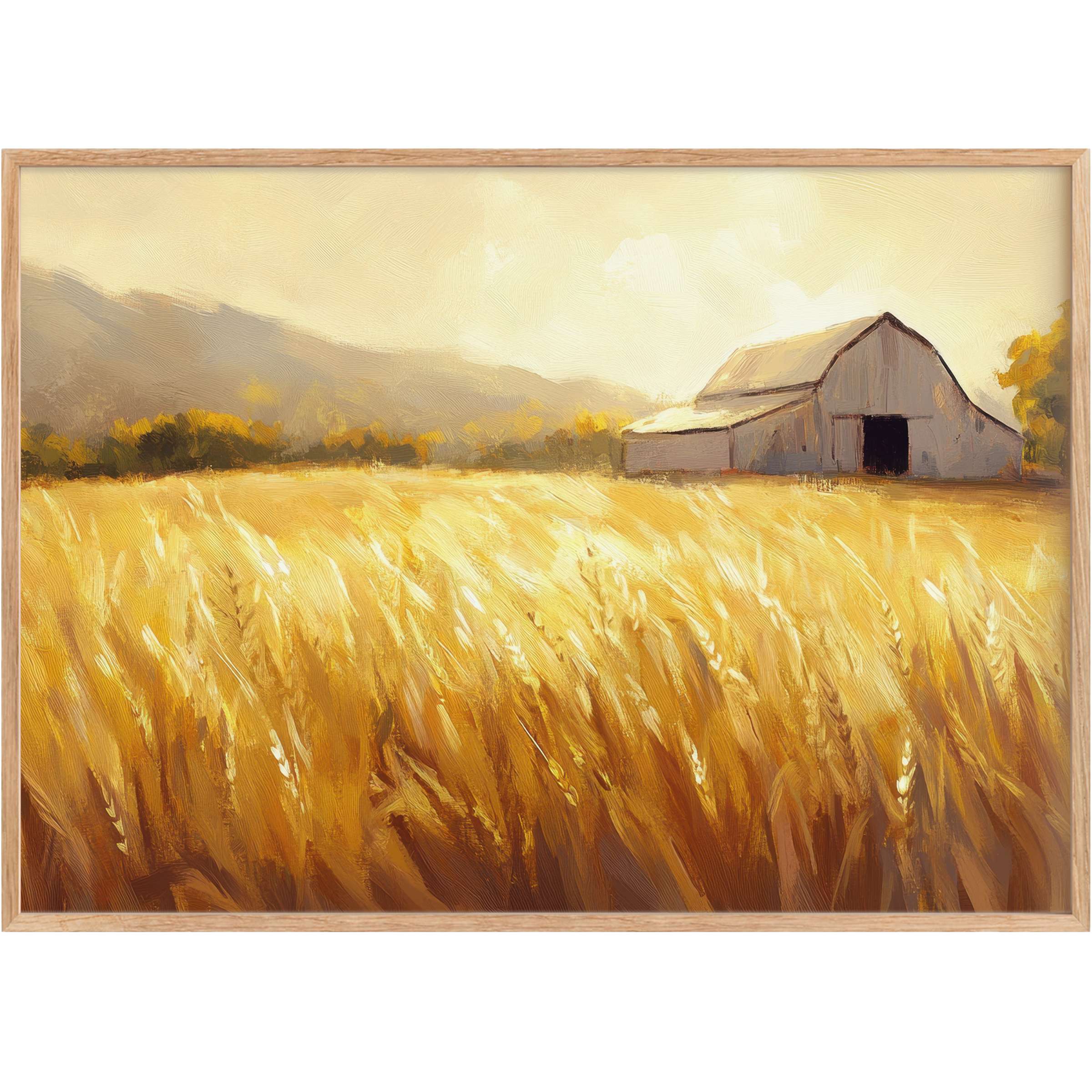 Golden wheat fields bathed in warm sunlight embrace a rustic barn, evoking a serene and radiant farmhouse printable wall art