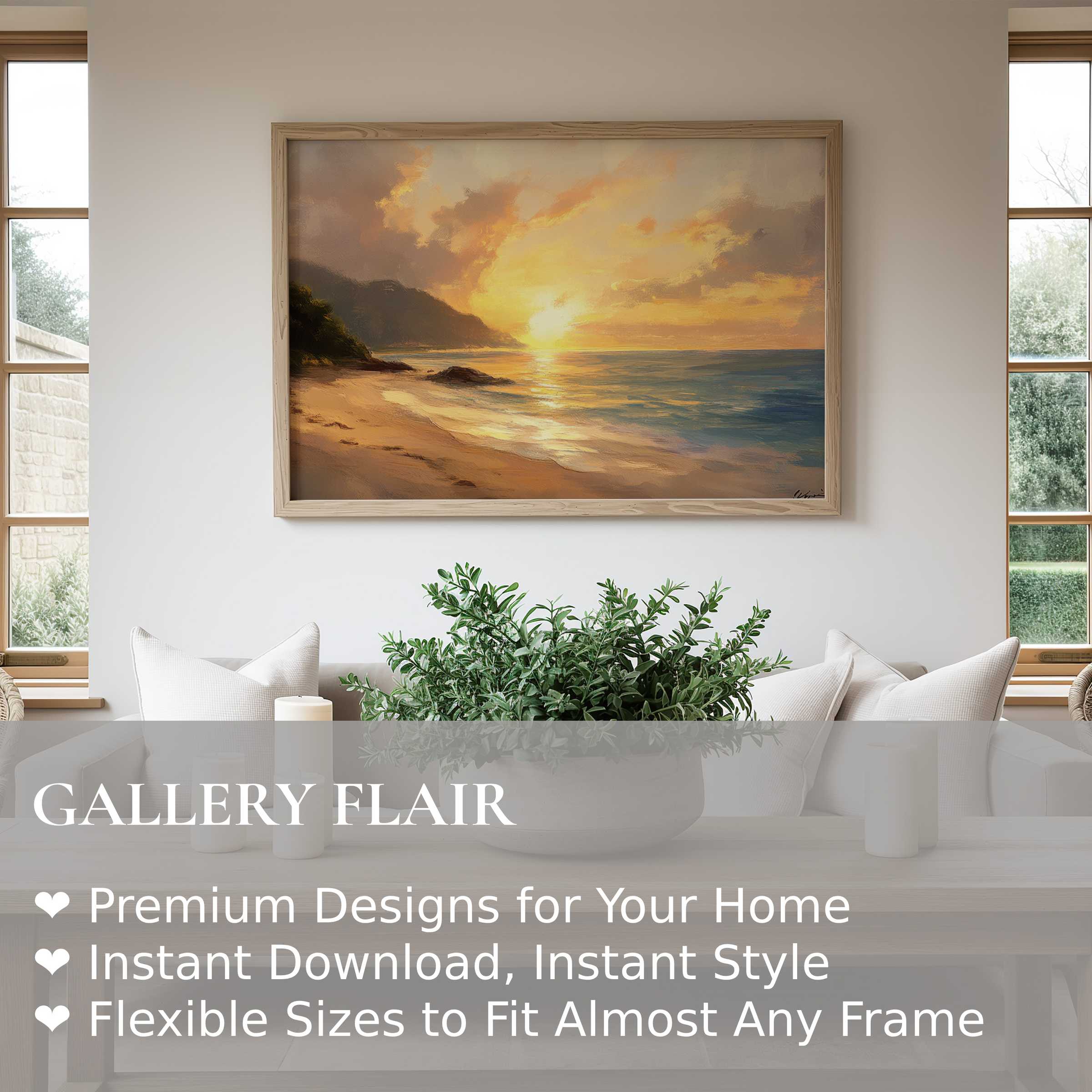 Radiant beach wall art print capturing a serene sunset over calm waves, enhancing modern coastal interiors with soothing elegance