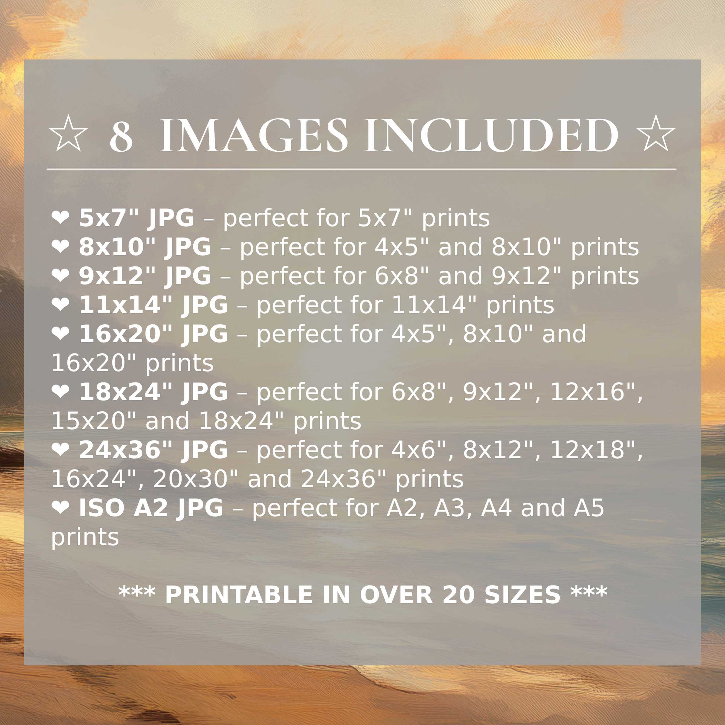 Radiant beach digital print in warm sunset hues, offering 8 high-quality sizes with download for versatile, elegant modern interiors