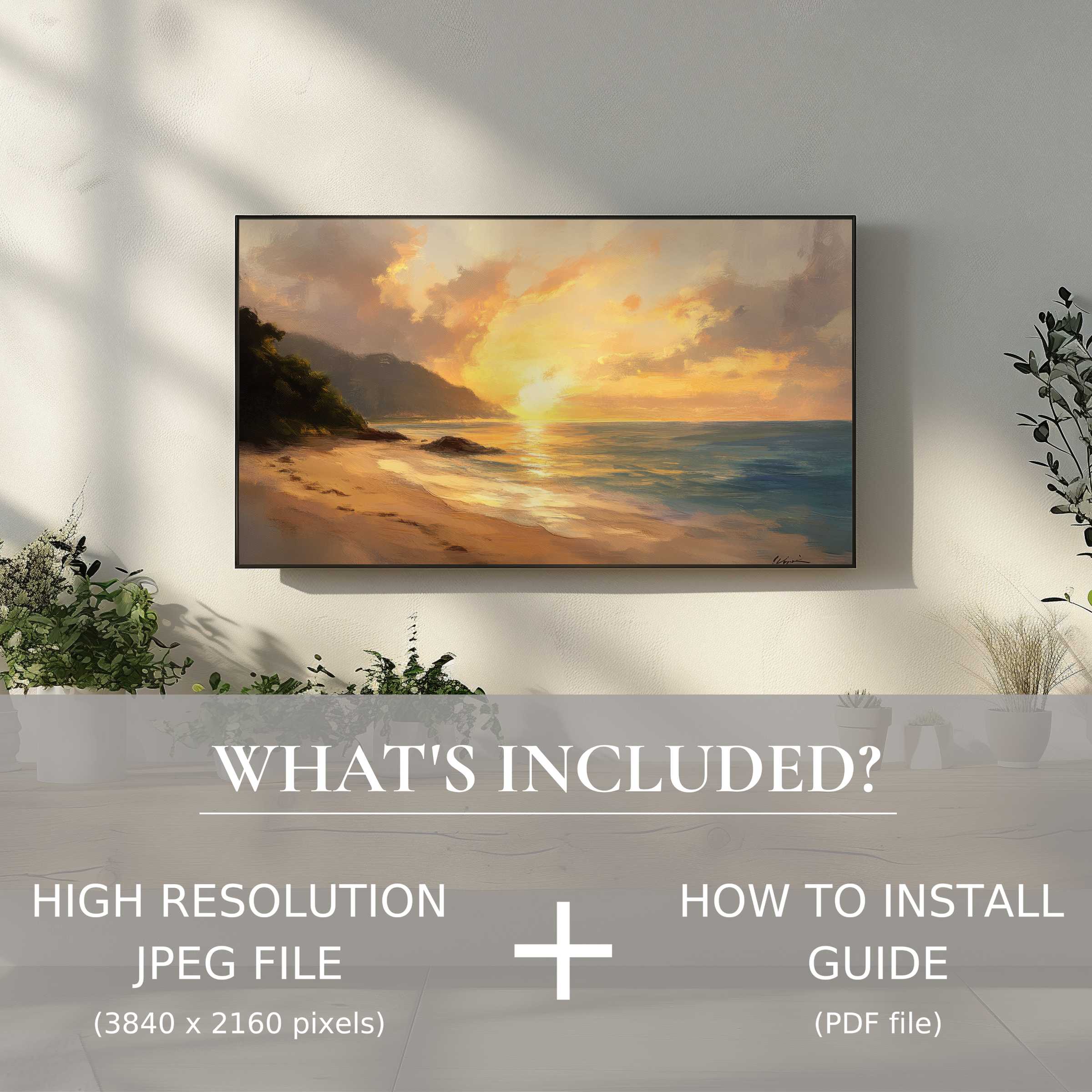 Elegant beach sunset digital TV art download enhances modern living spaces with easy, high-res file use and installation guide
