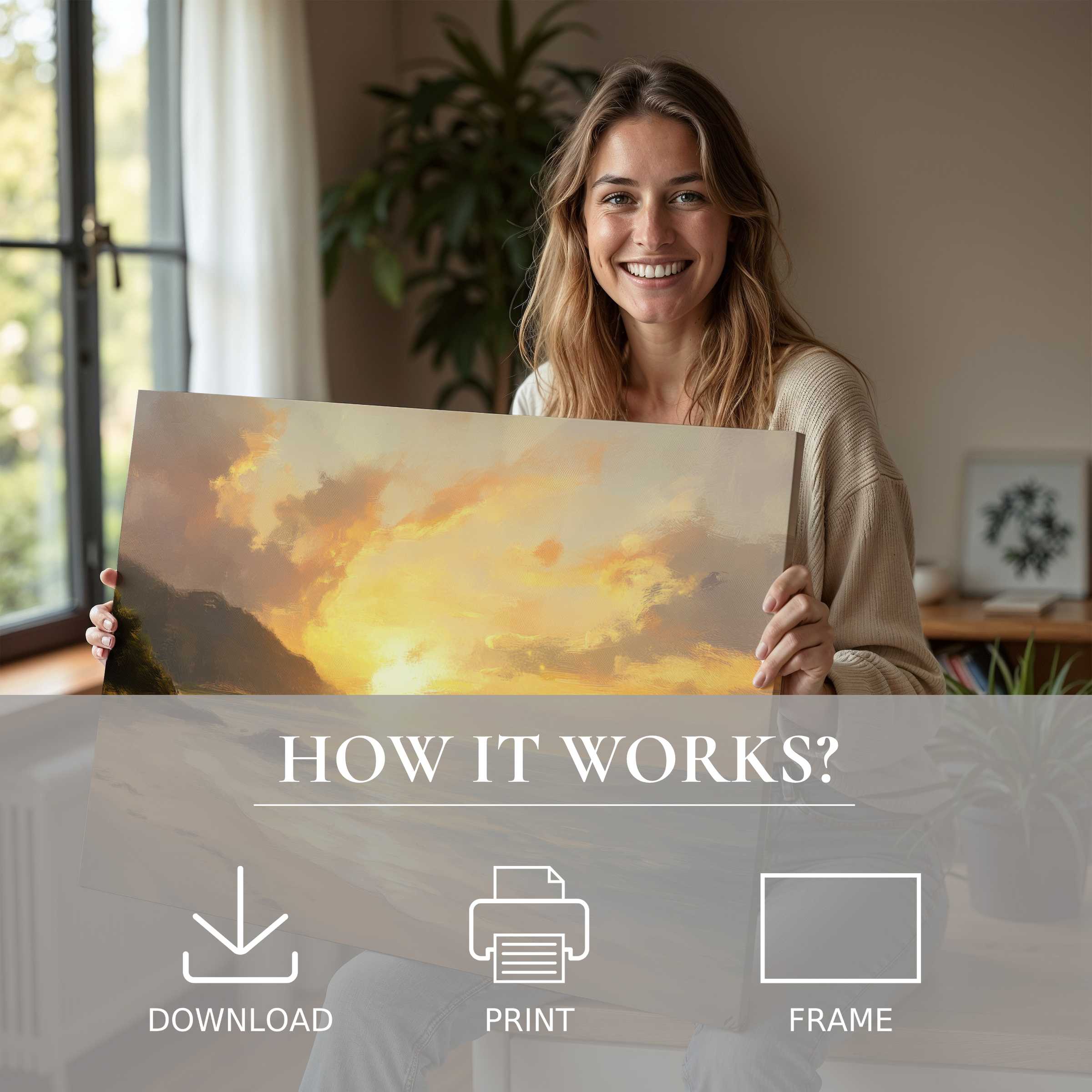 Radiant beach digital art print embraced in a sunlit modern home, capturing serenity and joy in effortless style