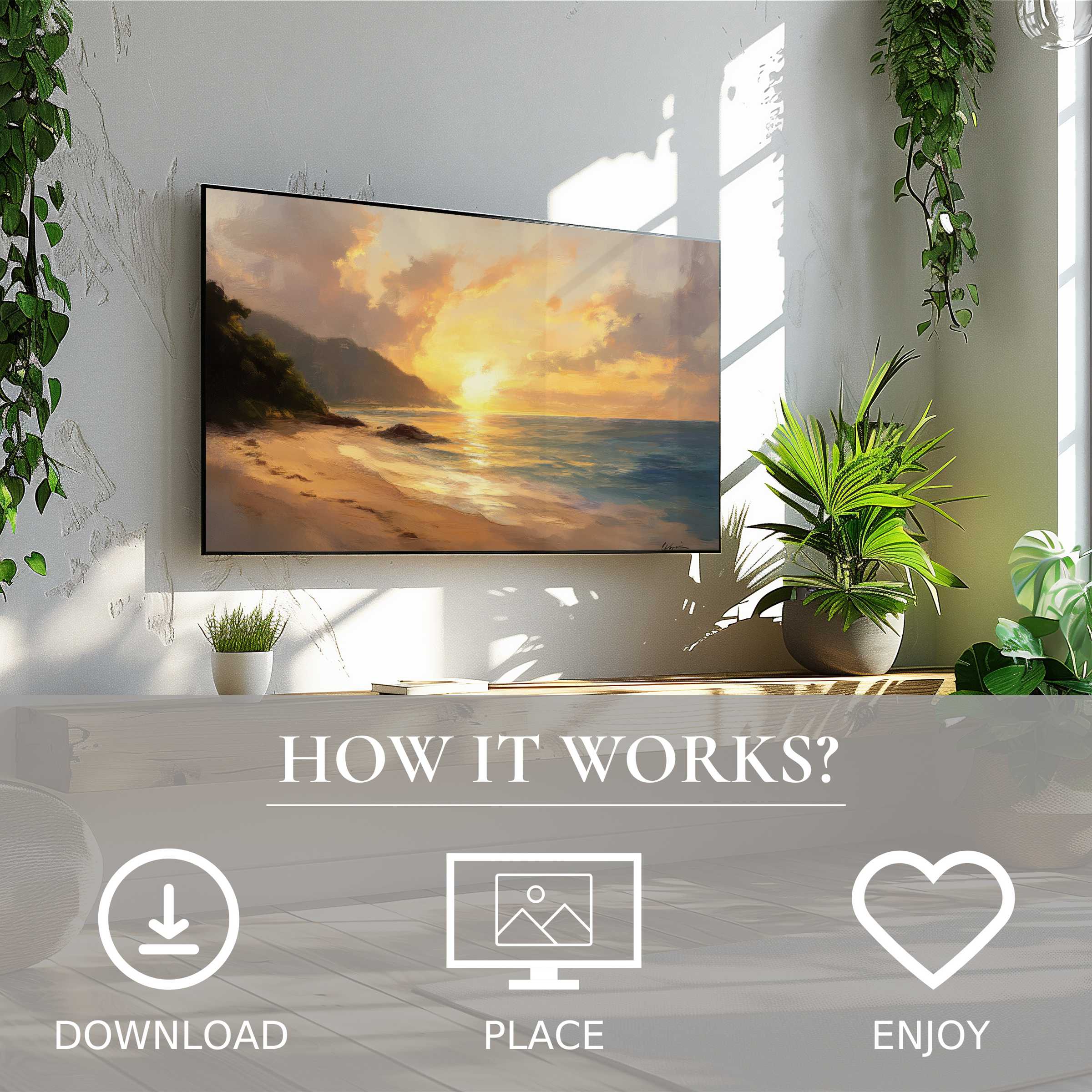 Modern living room with beach art for Samsung TV, soft sunset tones, easy digital download enriches space