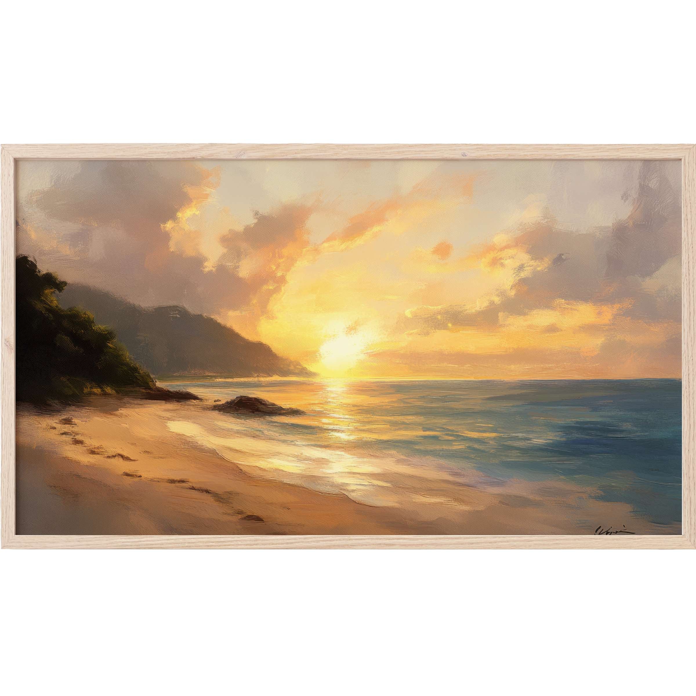 Serene sunset over a tranquil beach with golden hues and soft brushstrokes, perfect beach Frame TV Art