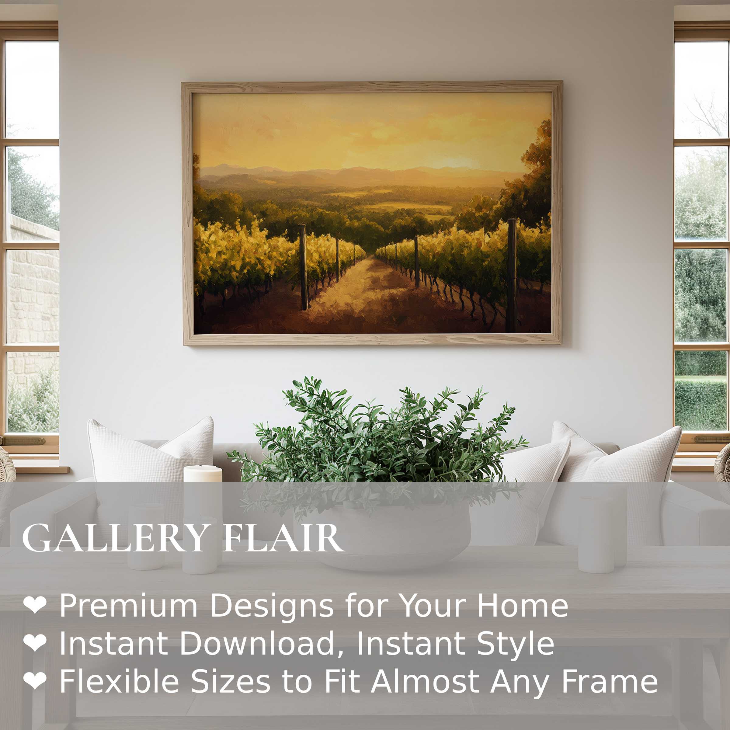 Vintage wall art print of a sunlit vineyard evokes warm, serene charm in a contemporary minimalist living space, enriching natural elegance