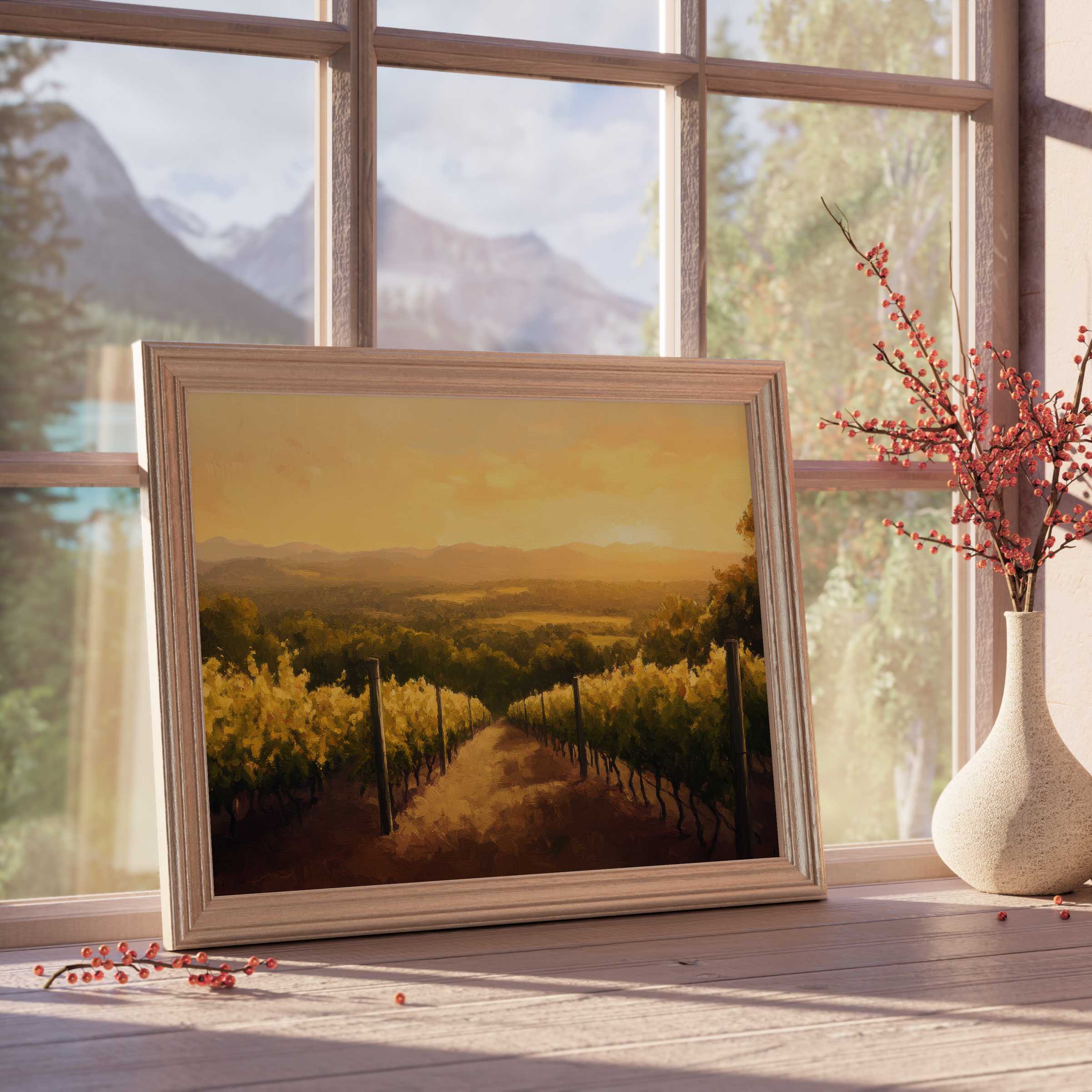 Vintage downloadable art capturing a sunlit vineyard landscape, infusing curated interiors with warm, tranquil elegance and timeless charm