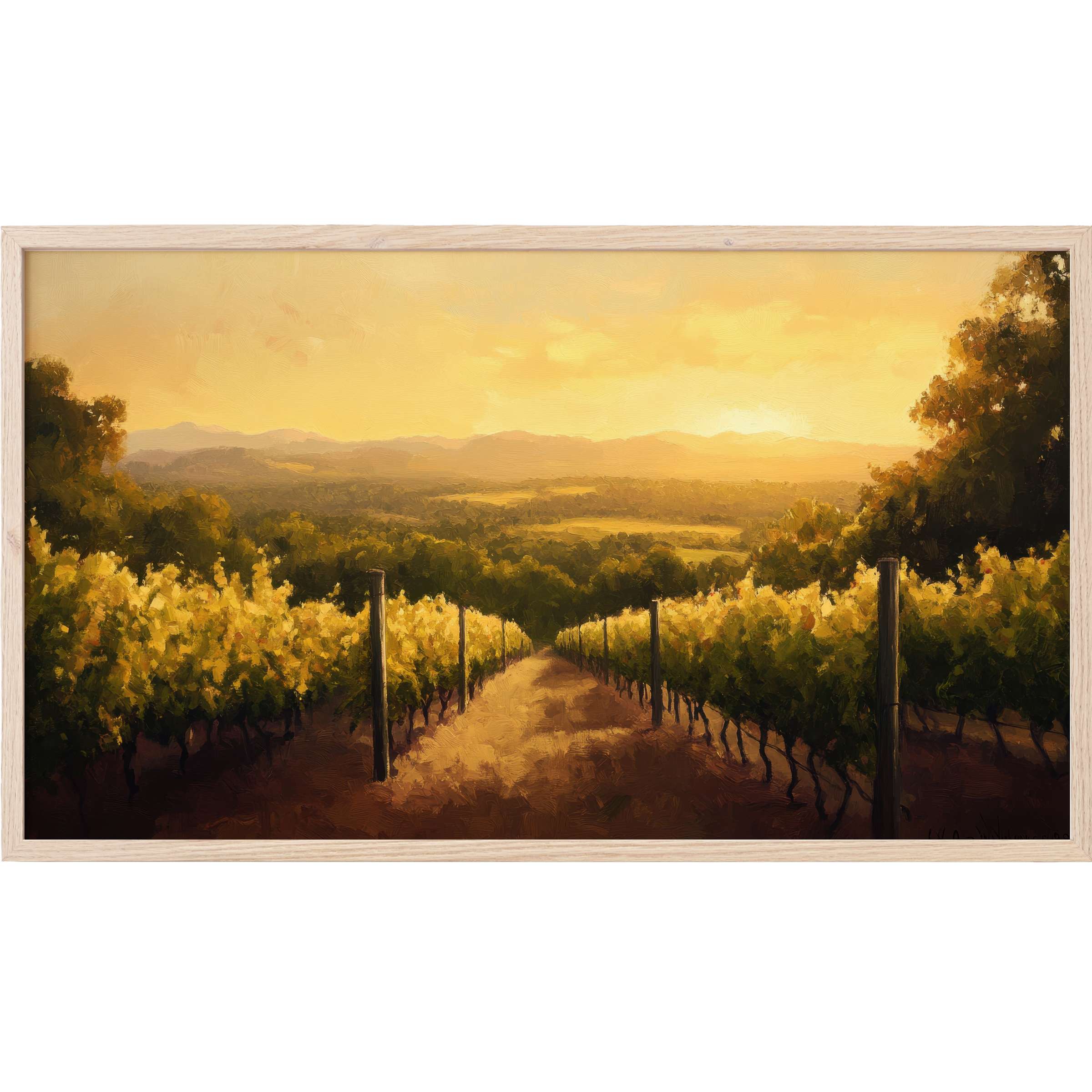 Vintage Frame TV Art showcasing a golden vineyard at sunset with rich earthy tones and soft brushstrokes
