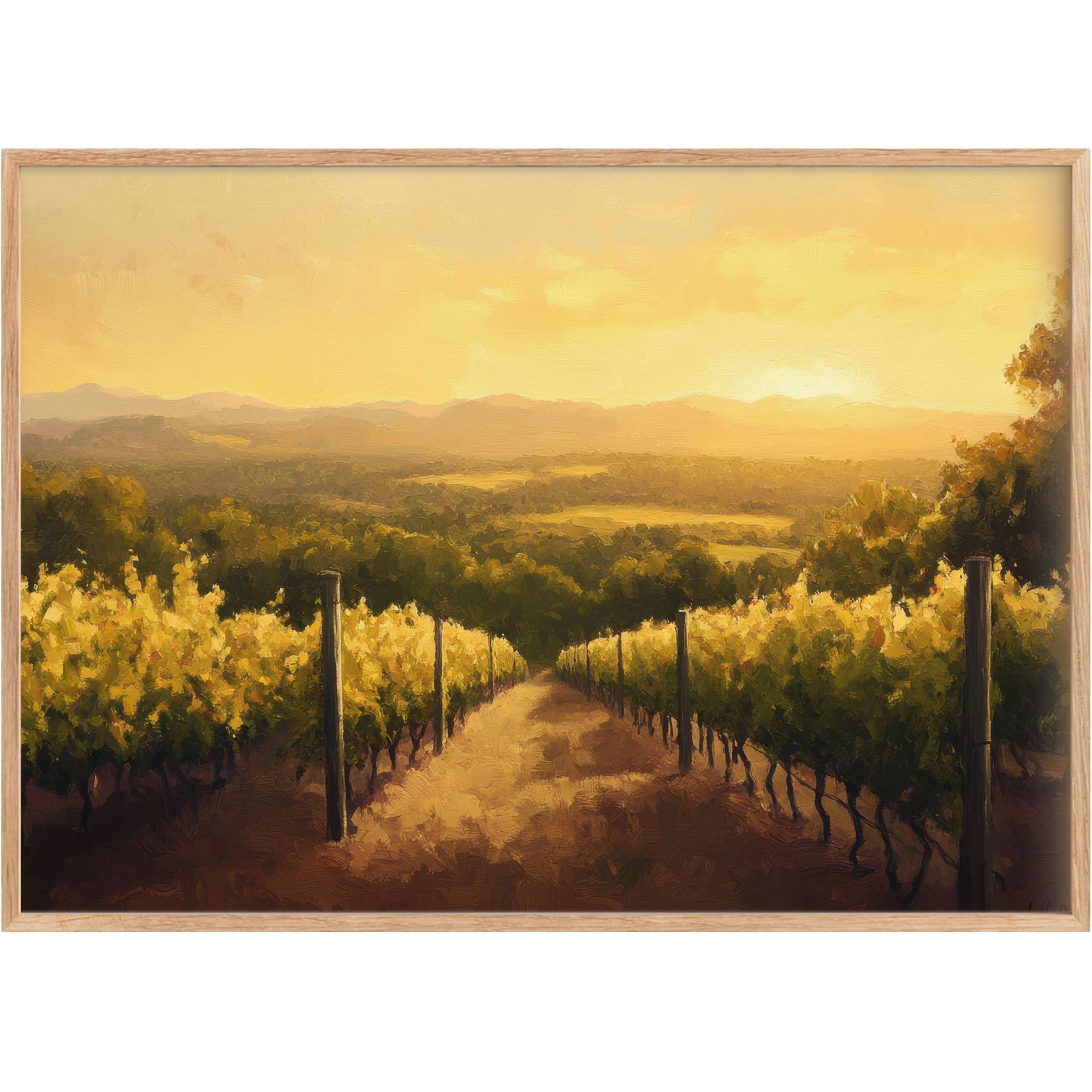 Golden-hued vineyard at sunset evokes a warm, serene mood, perfect for enriching spaces with vintage printable wall art